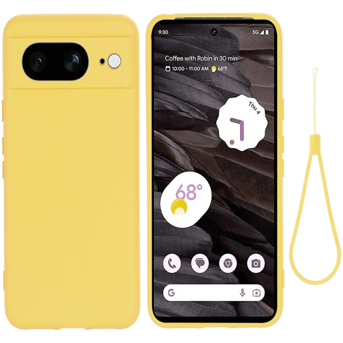 Gelbe Handyhülle mit einem Telefon darin, das die Uhrzeit, das Wetter und App-Symbole auf dem Bildschirm anzeigt.
