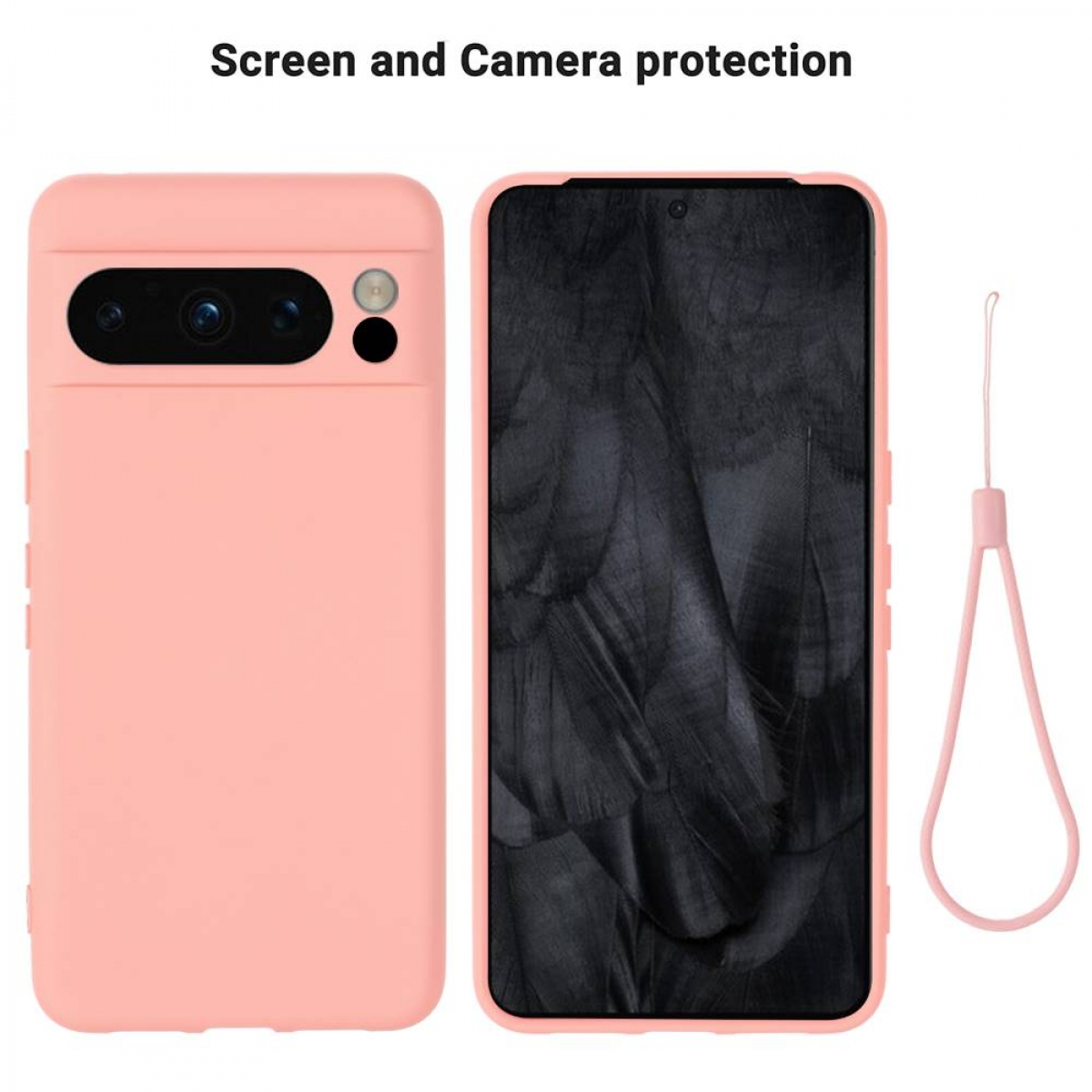 Eine rosa Handyhülle mit Telefon und Handschlaufe. Der Text lautet Bildschirmschutz und Kameraschutz.