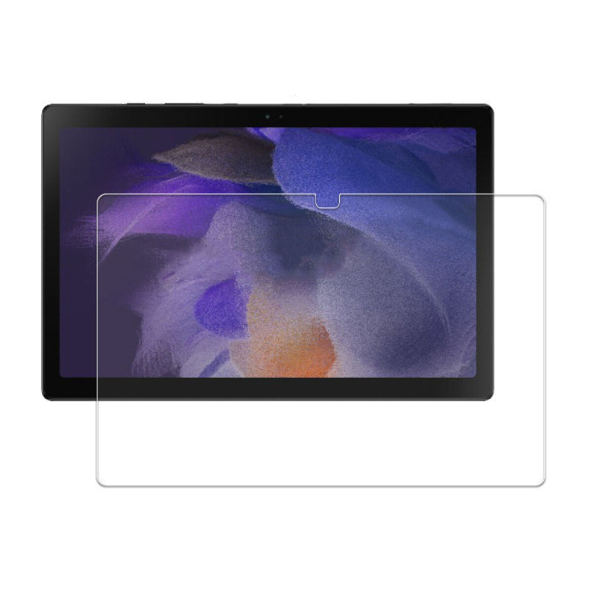 Un tablet con una protezione per lo schermo, il tablet è nero con una protezione trasparente.