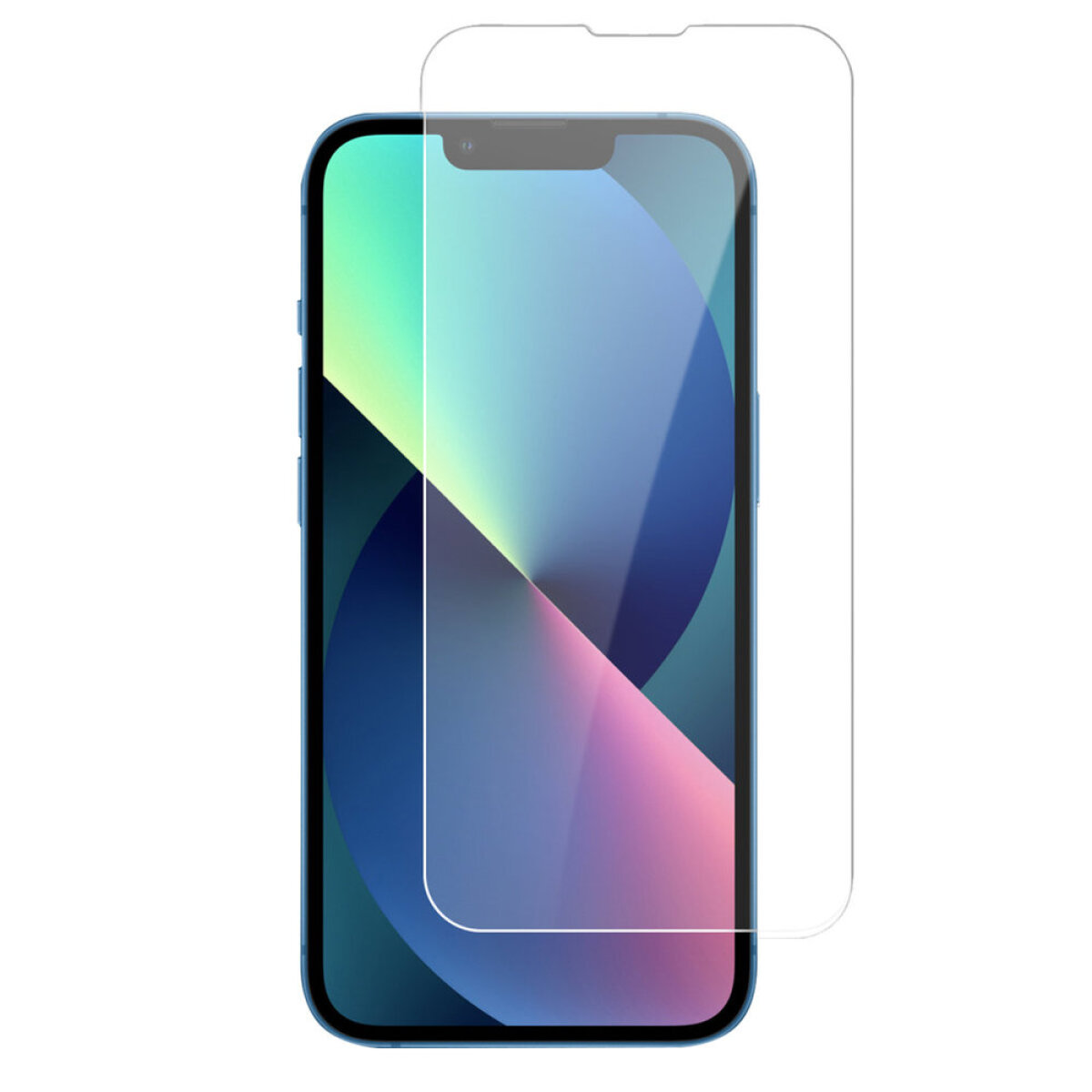 Uno smartphone blu con una protezione schermo trasparente applicata. Su sfondo bianco.