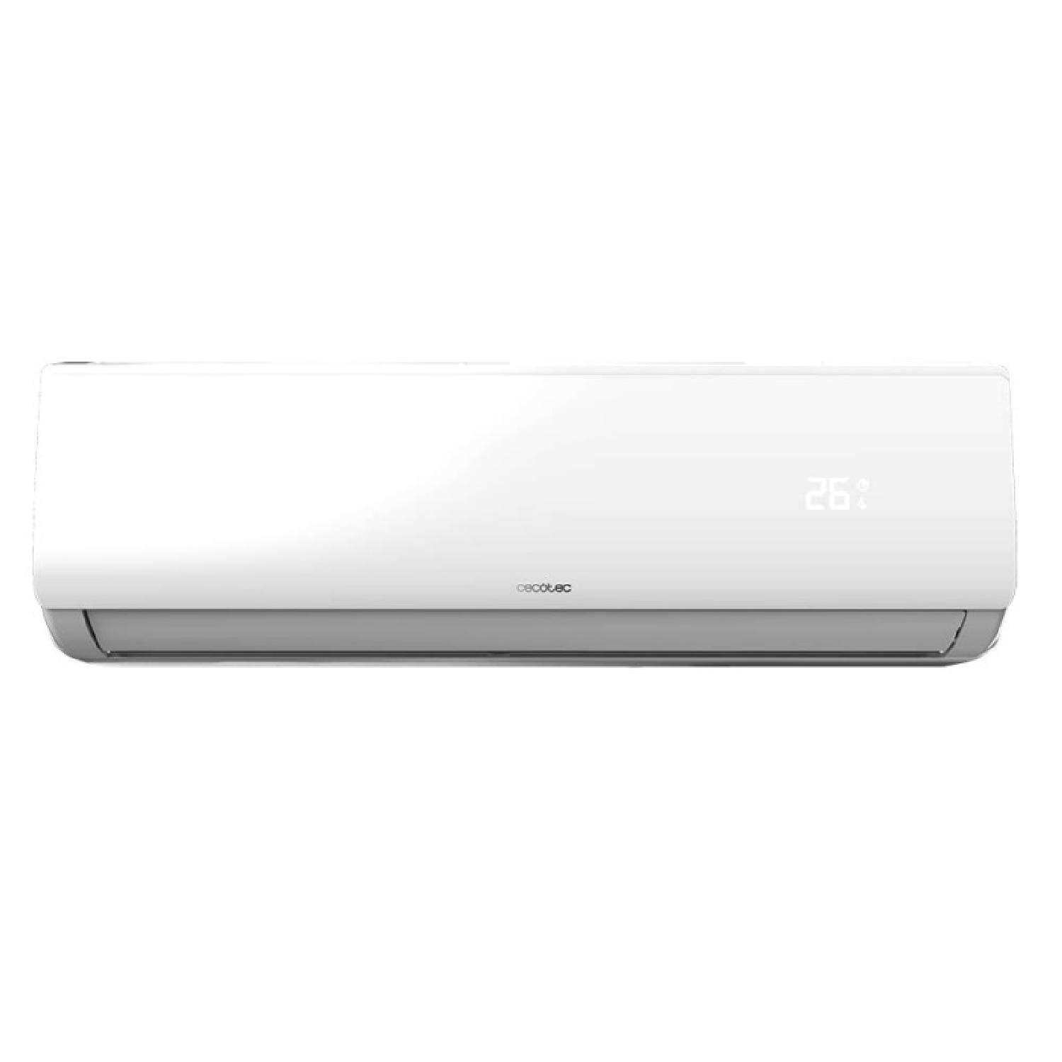 White air conditioning unit with a digital display showing 26. The brand name 'cecotec' is visible.