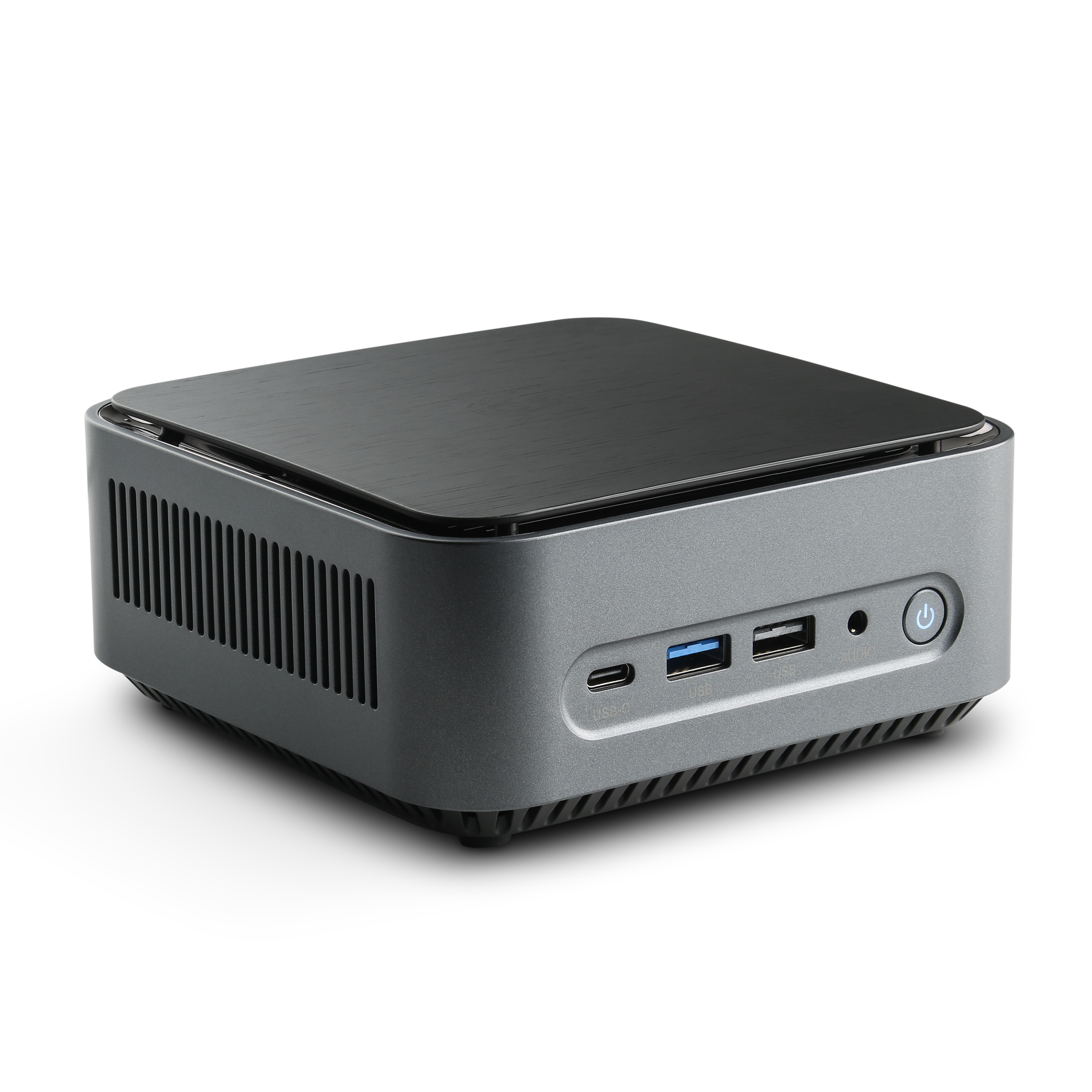Kleiner grauer Mini-Computer mit USB-Anschlüssen und einem Ein-/Ausschalter.