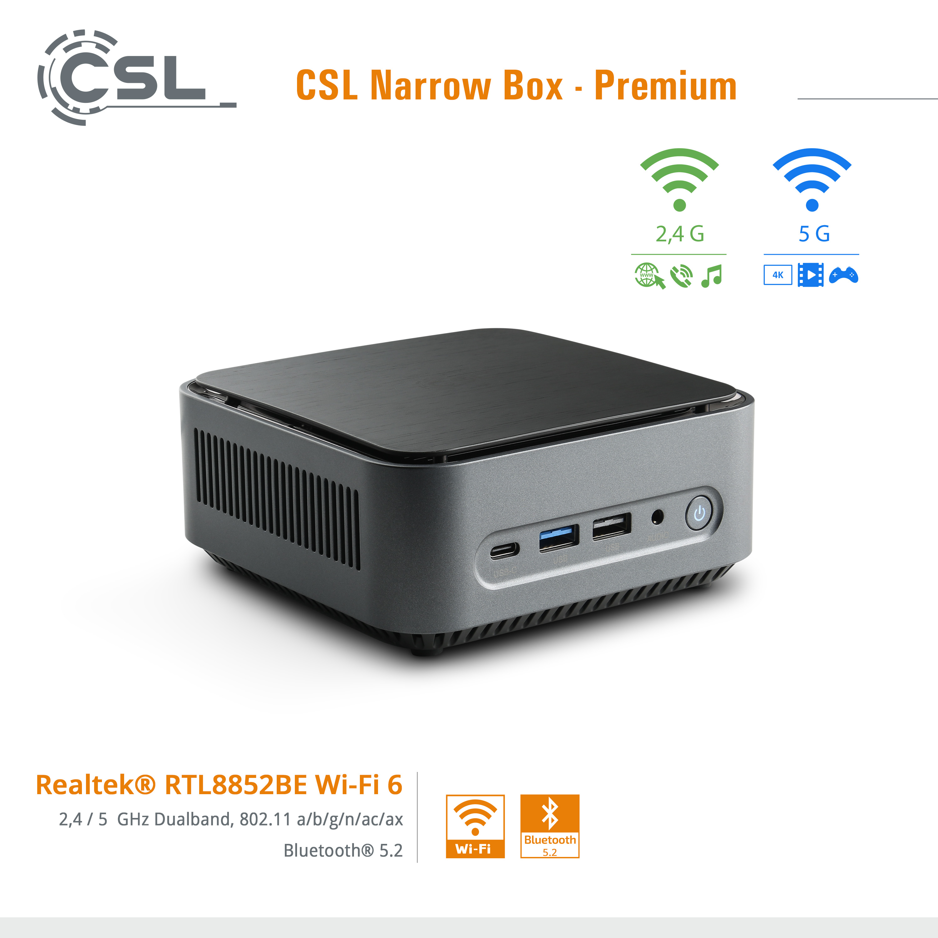 Ein kleiner grauer Computer mit Anschlüssen und einem Ein-/Ausschalter. Text: CSL Narrow Box - Premium.