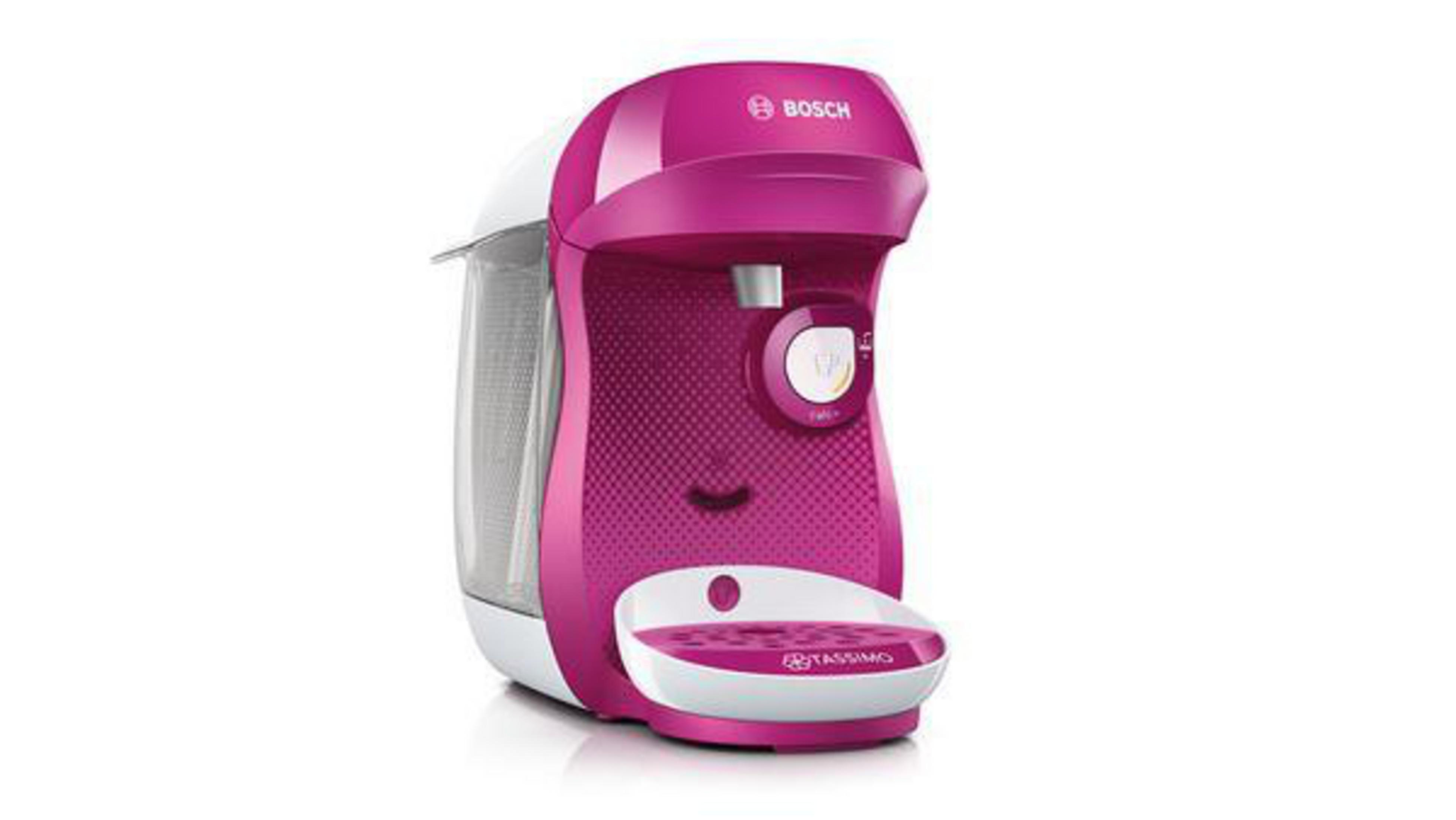 Una macchina da caffè Tassimo Bosch rosa e bianca. È un piccolo elettrodomestico moderno.