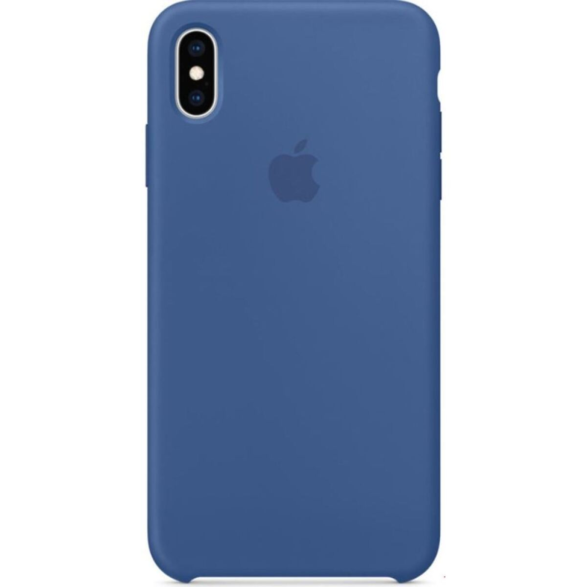 Custodia per telefono blu con il logo Apple. La parte posteriore è liscia e ha un ritaglio per la fotocamera.