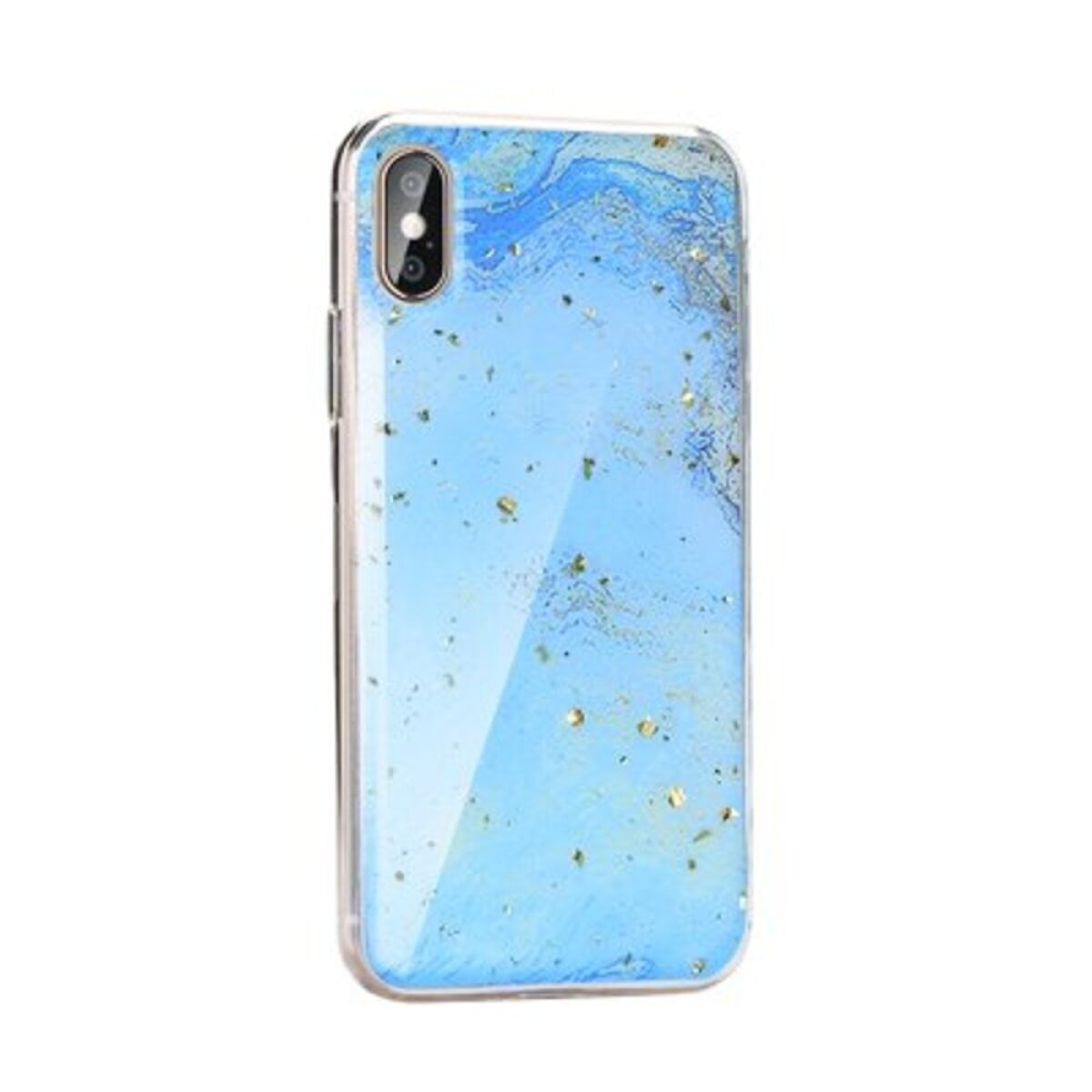 Custodia per telefono con design a marmo blu e oro. Il telefono è verticale su sfondo bianco.