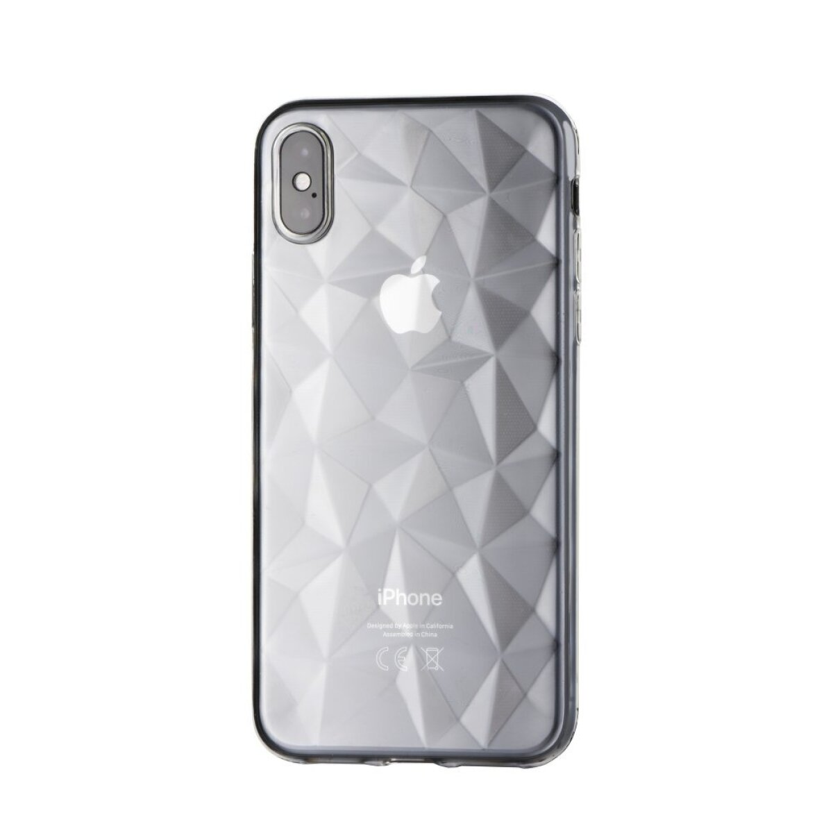 Una custodia trasparente per telefono. Il telefono ha un motivo a forma di diamante sul retro. Lo sfondo è bianco.