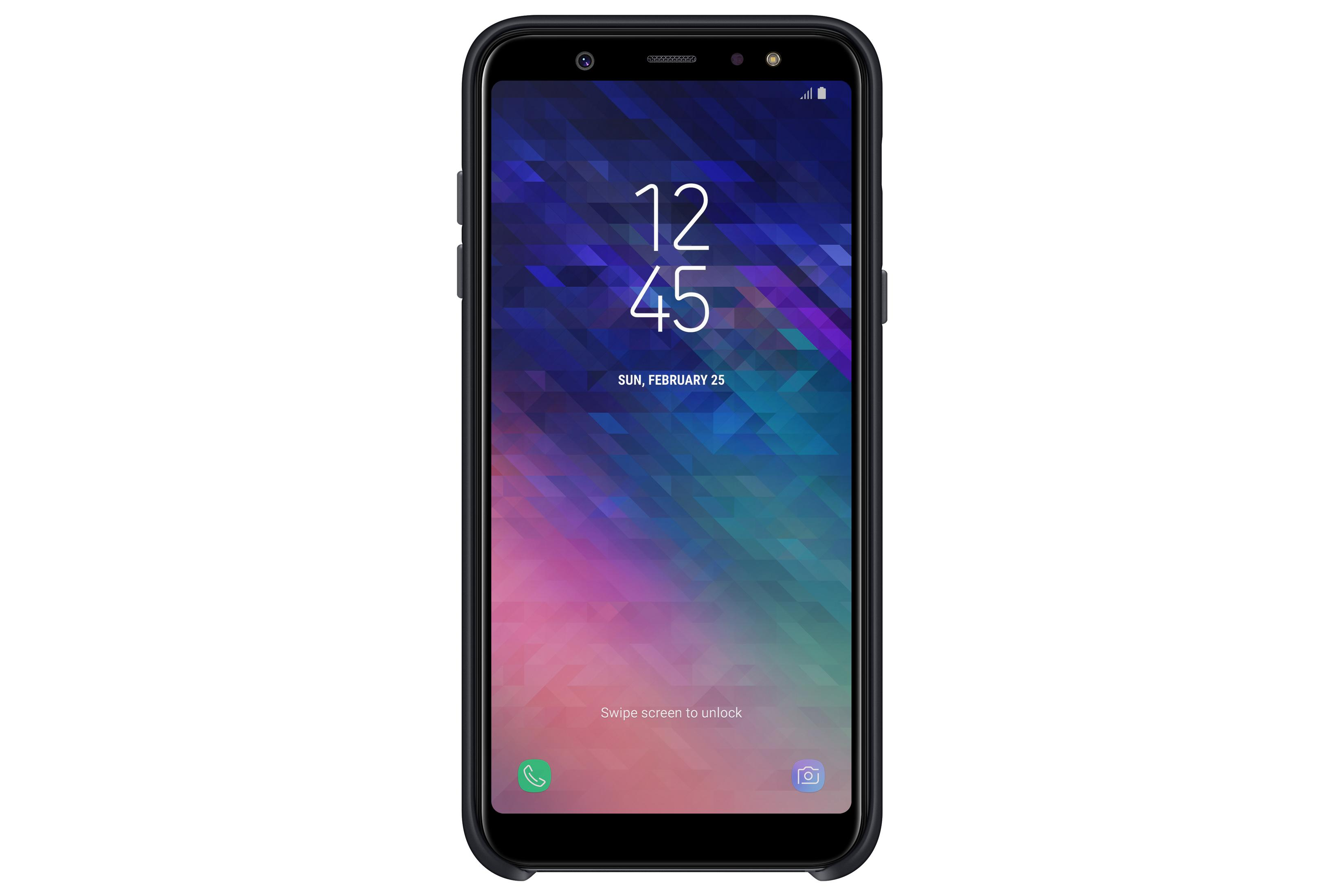 Smartphone negro con funda negra sobre fondo blanco. La pantalla muestra la hora y la fecha.