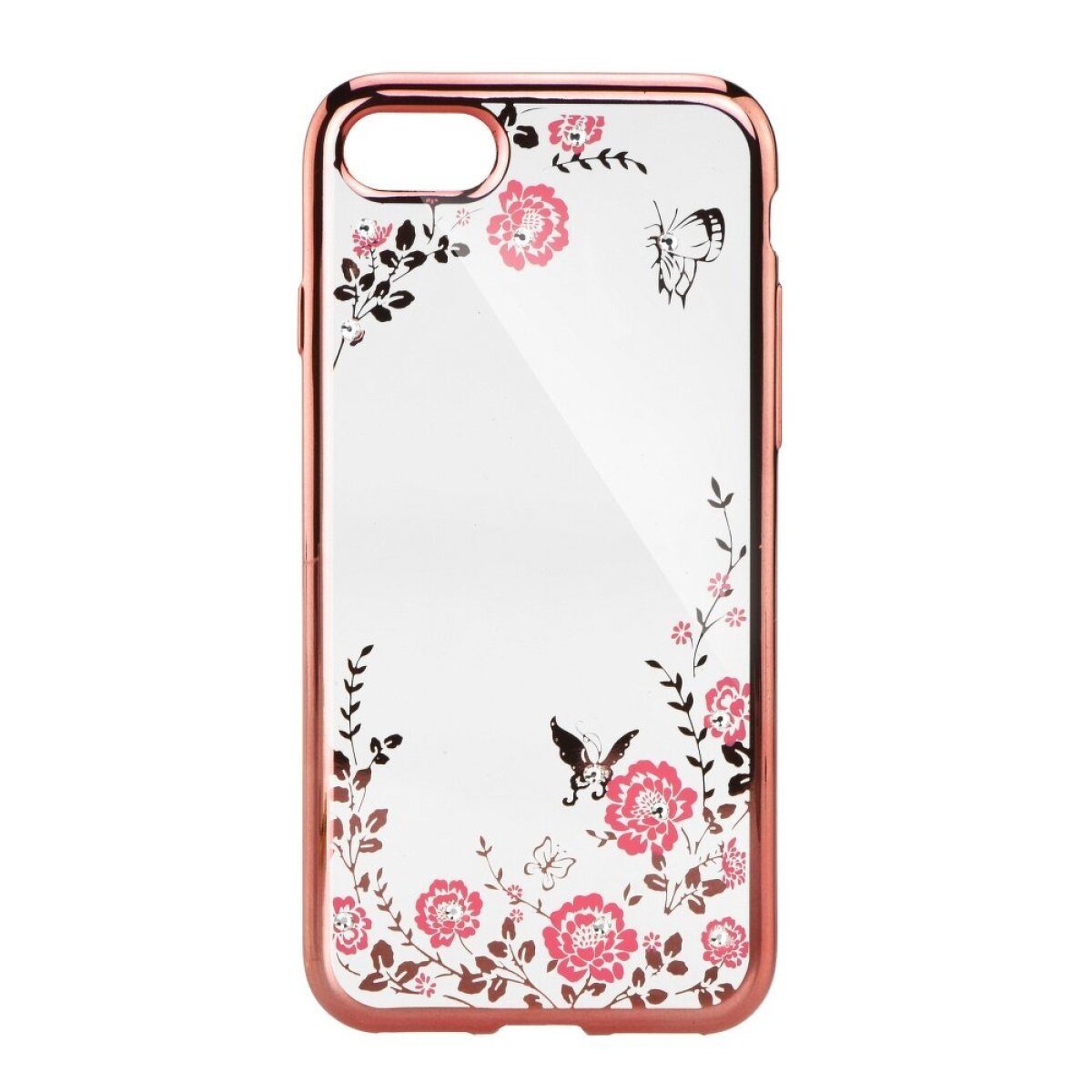 Custodia per telefono oro rosa con design floreale e una farfalla, su sfondo bianco.