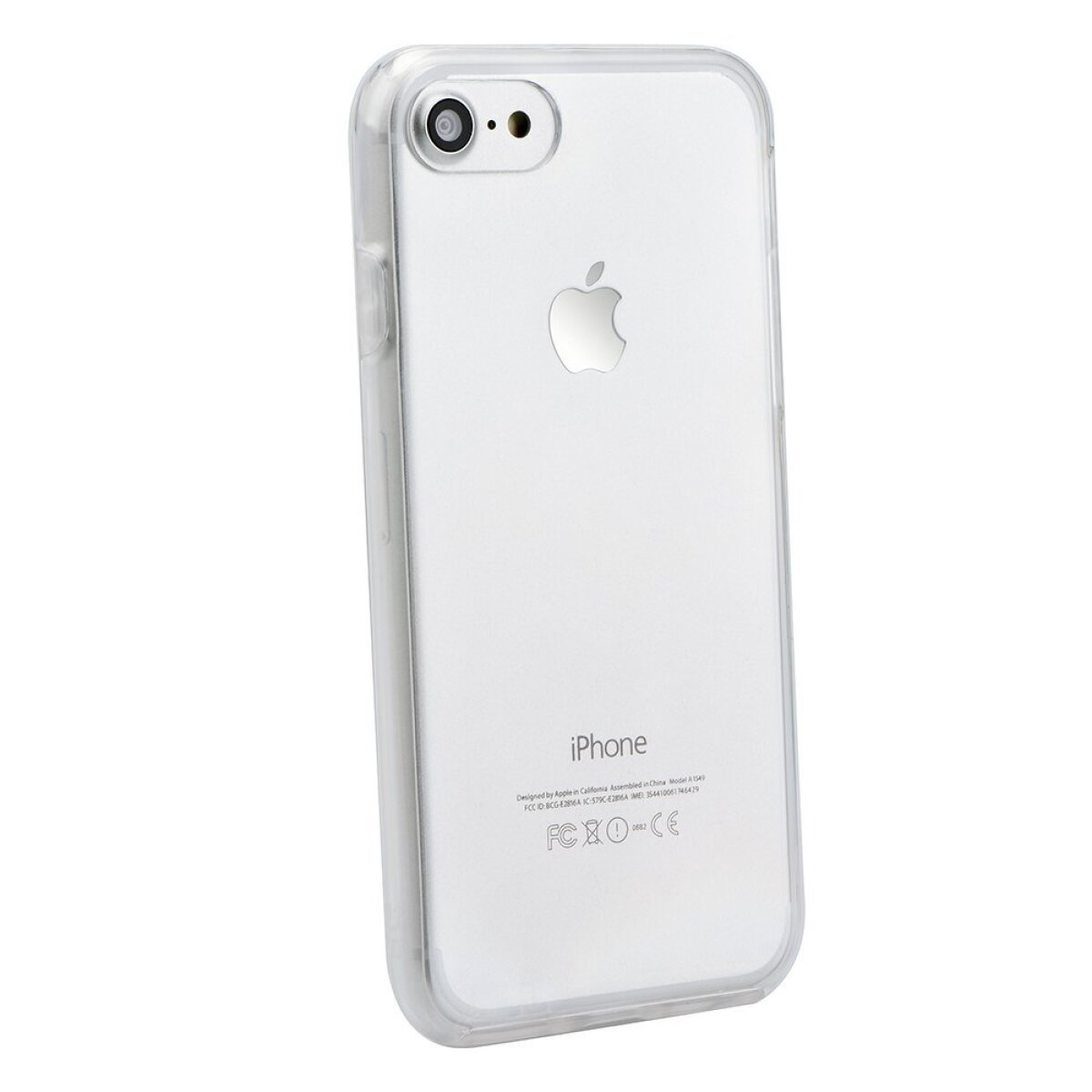 Una custodia trasparente per telefono su sfondo bianco, che mostra il retro di un iPhone. Il logo Apple è visibile.