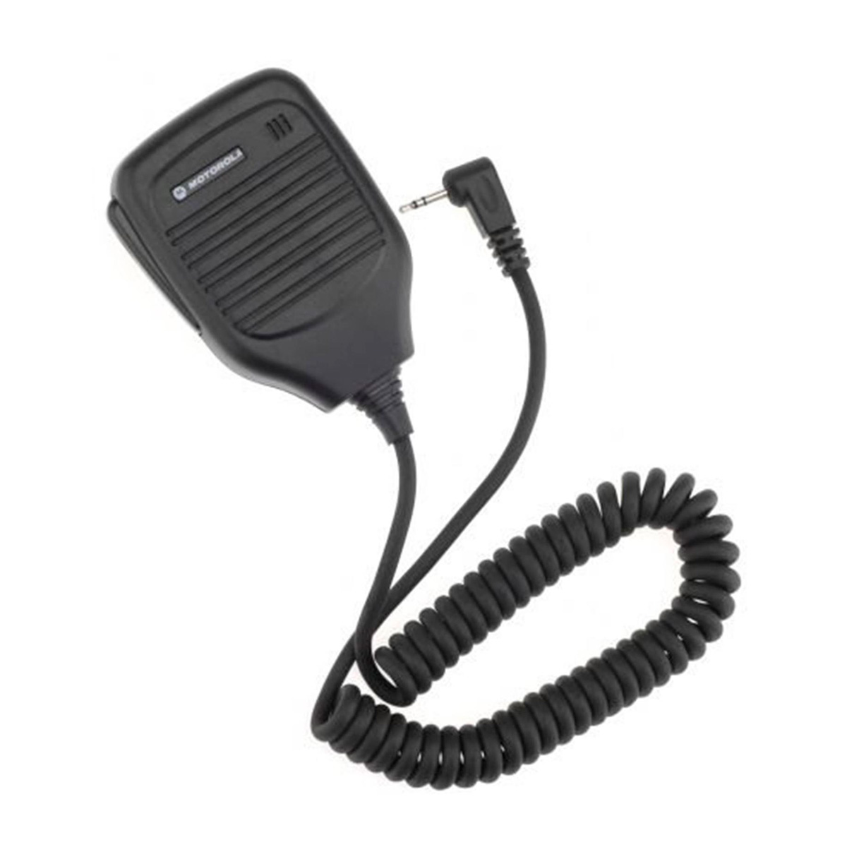 Microfono Motorola nero con cavo a spirale e connettore, su sfondo bianco.
