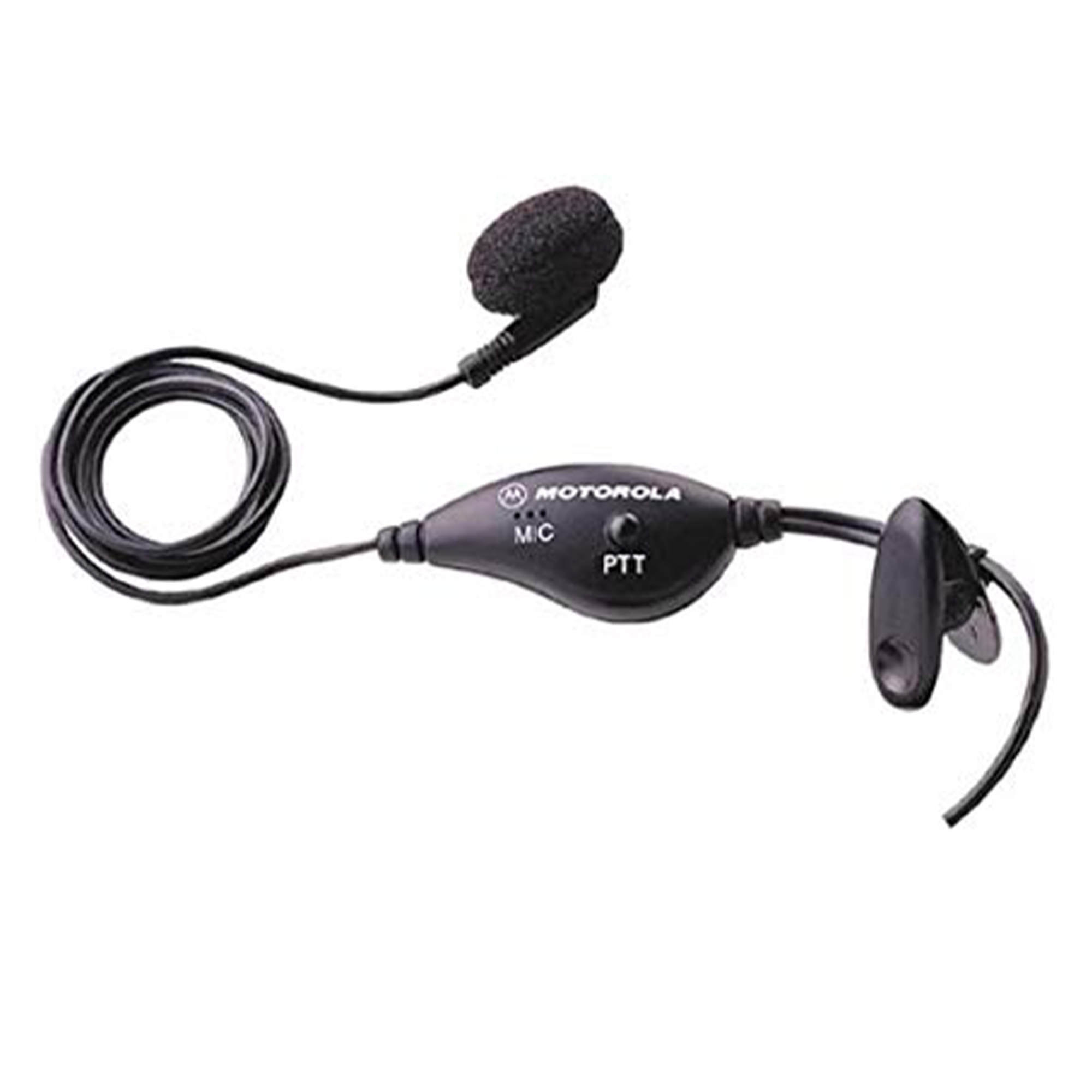Czarny mikrofon Motorola i przycisk PTT z zagiętym przewodem i dołączoną słuchawką.
