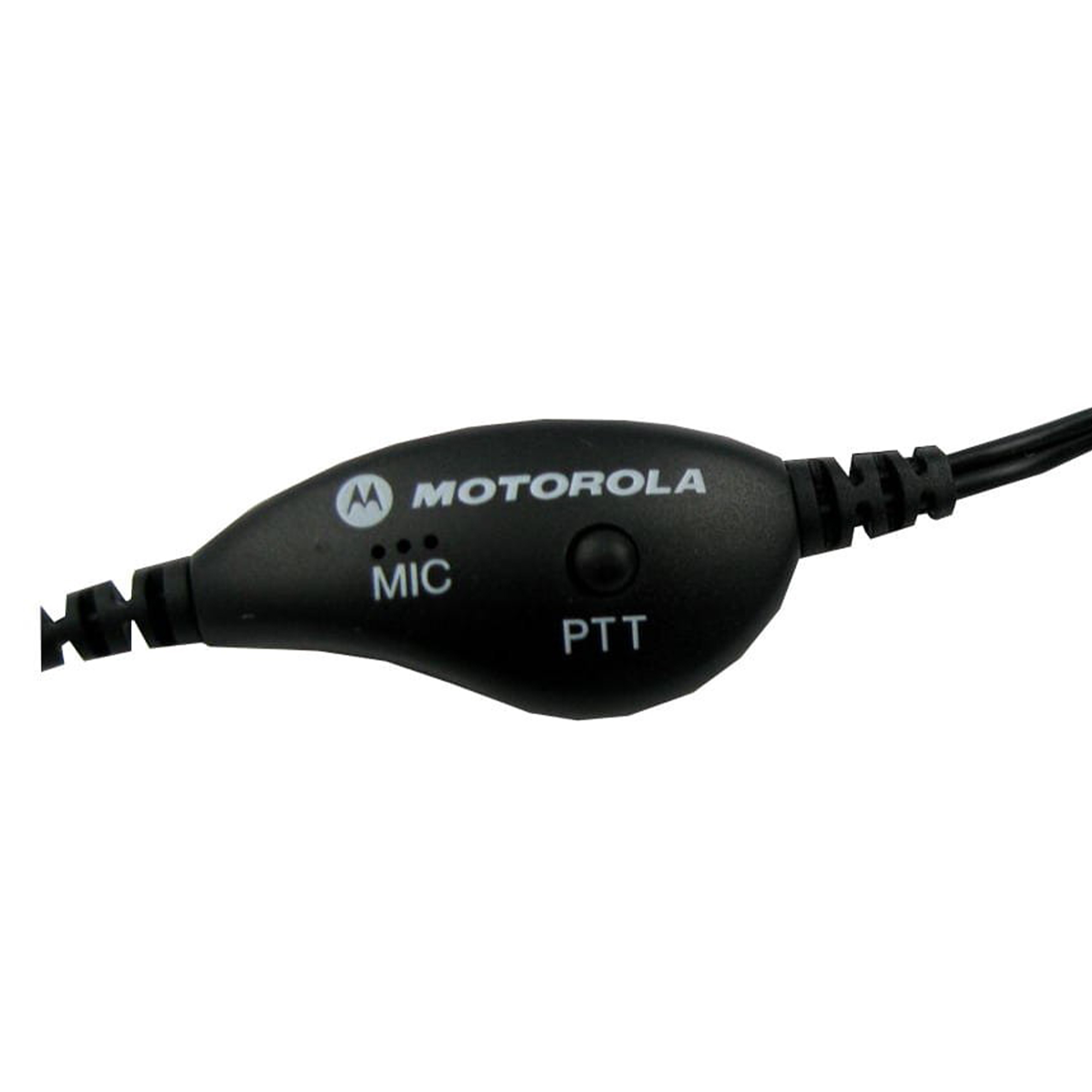 Czarny pilot PTT Motorola z przyciskami, MIC i PTT, oraz przewodem.