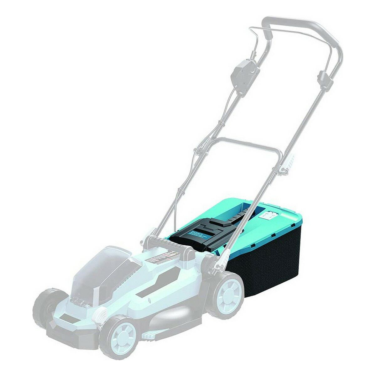 Un contorno de un cortacésped con un compartimento de batería de color turquesa.