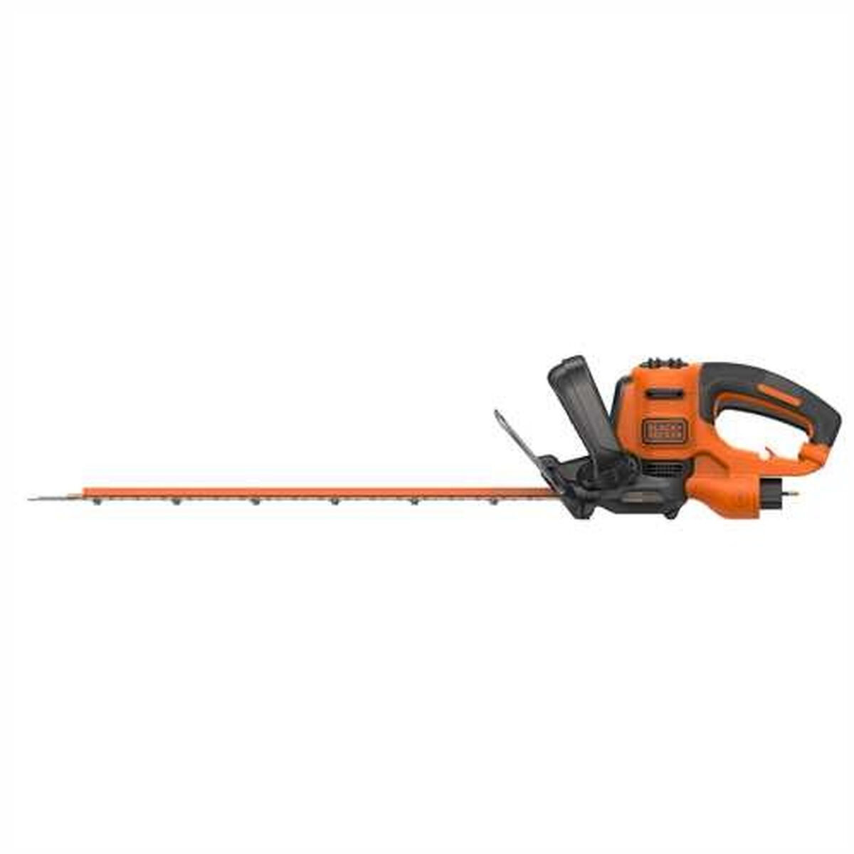 Schwarz-orangefarbener Black+Decker-Heckenschneider. Weißer Hintergrund, freigestellt.