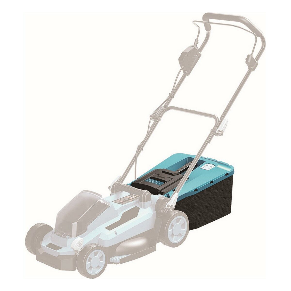 Un cortacésped eléctrico con cuerpo azul claro y almacenamiento negro, aislado en blanco.