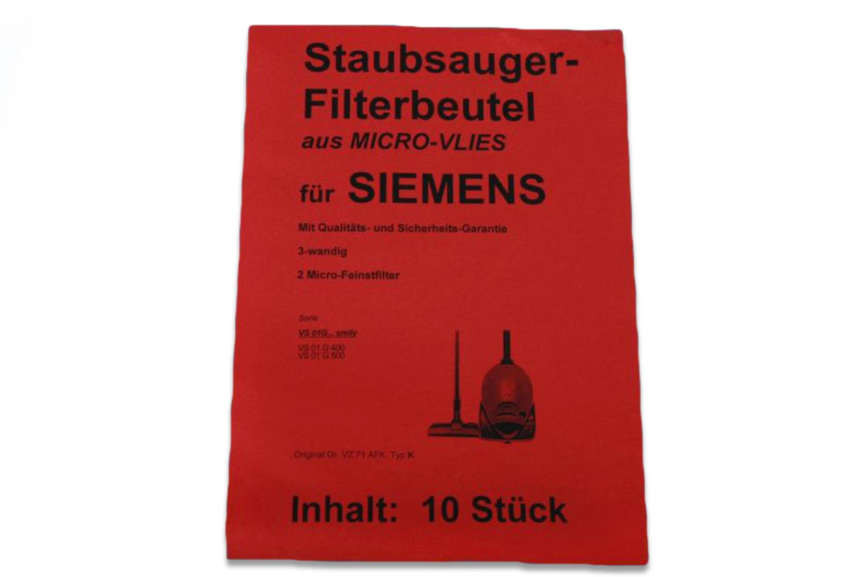 Ein roter Staubsauger-Filterbeutel mit deutschem Text. Aufdruck eines Staubsaugers.