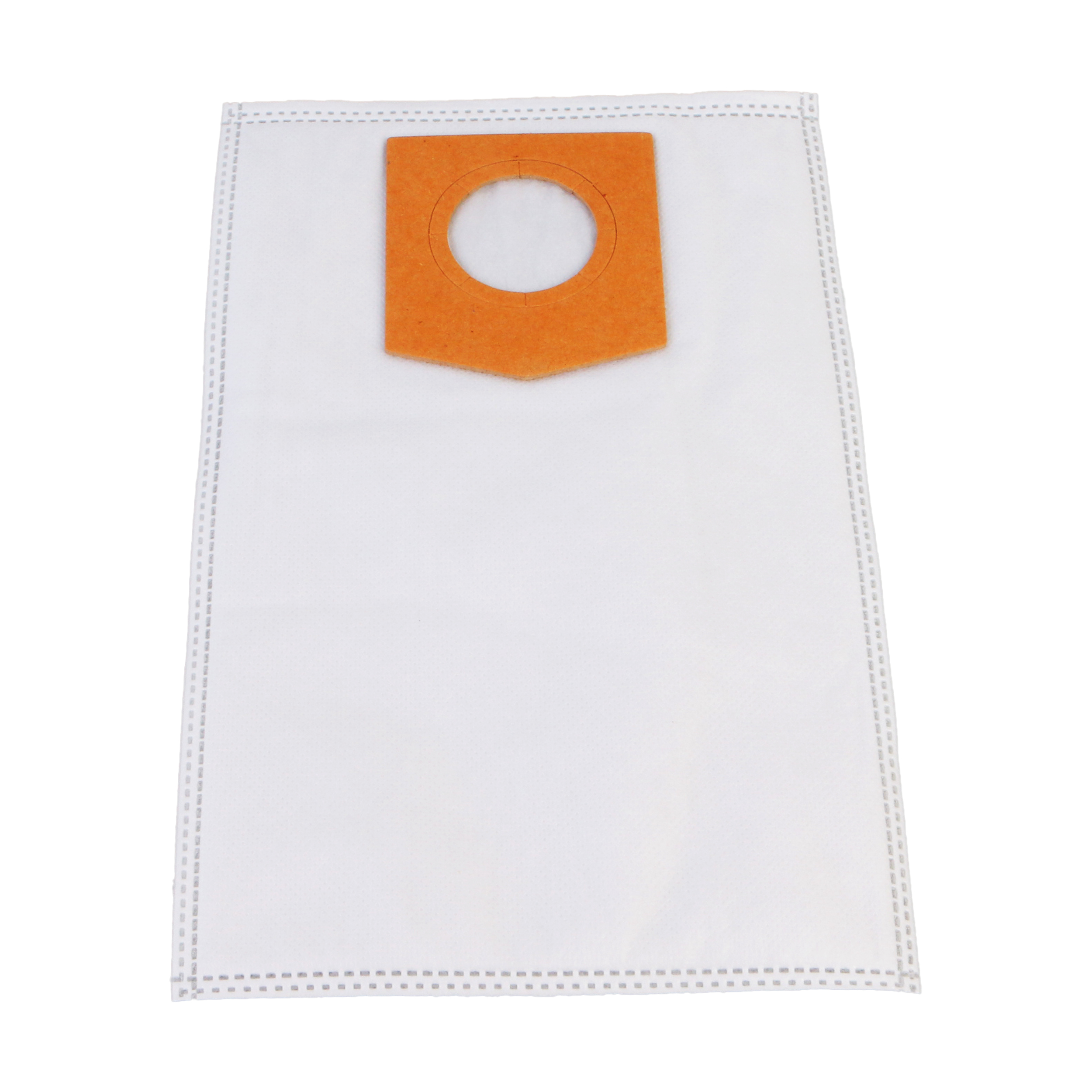 Weißer Staubsaugerbeutel mit orangefarbenem Filz und einem Loch.