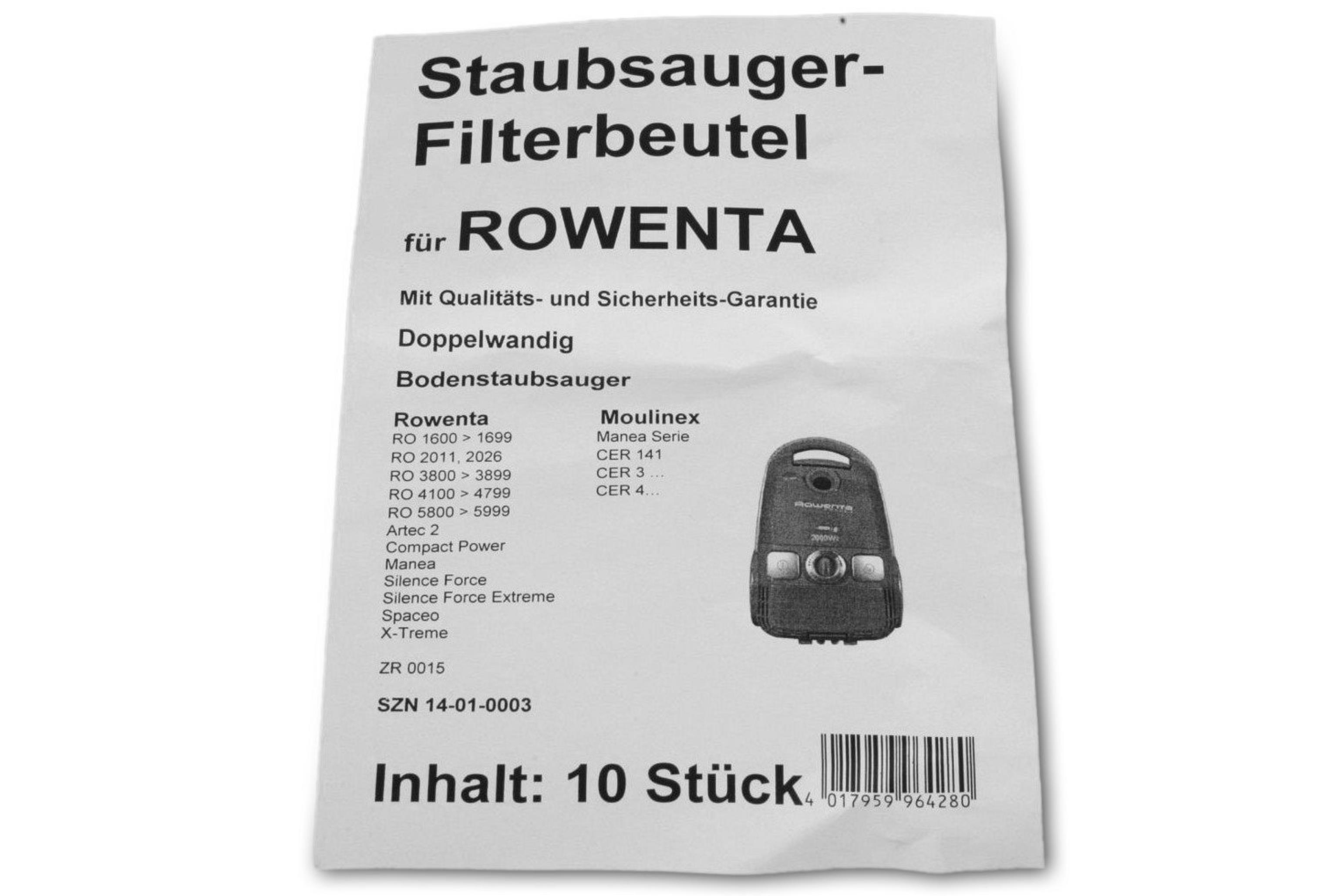 Staubsauger-Filterbeutel von ROWENTA, mit Produktinformationen.