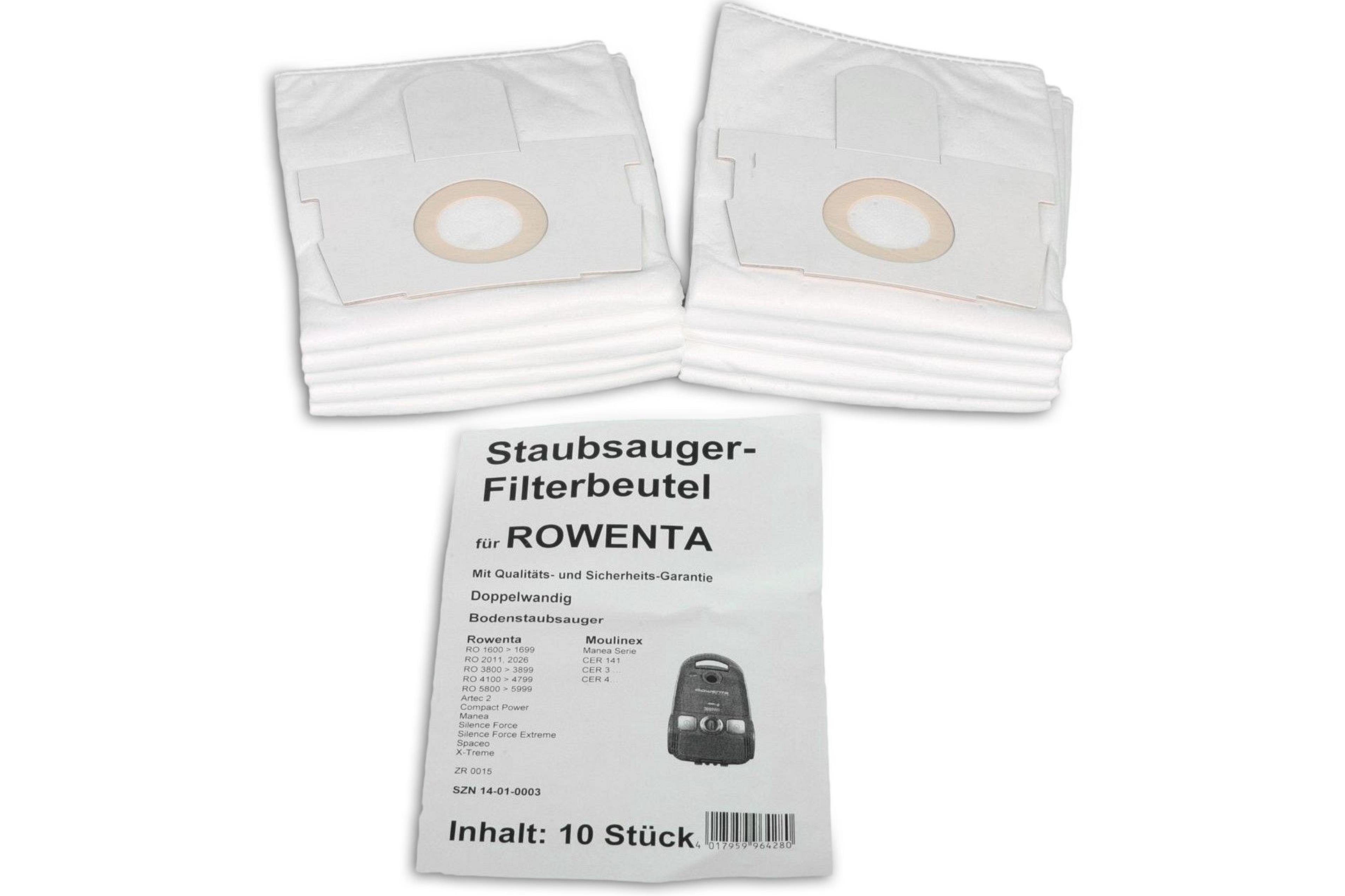Zwei weiße Staubsaugerfilterbeutel und eine Rowenta-Bedienungsanleitung auf weißem Hintergrund.