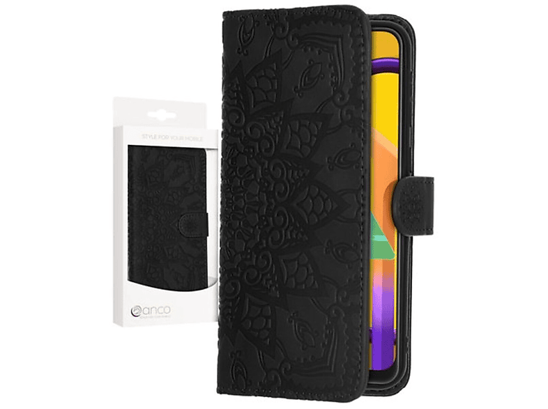 M30s, Galaxy Calf Mandala Samsung, für black, Bookcover, Bookcase Schwarz LANCO M21, M21