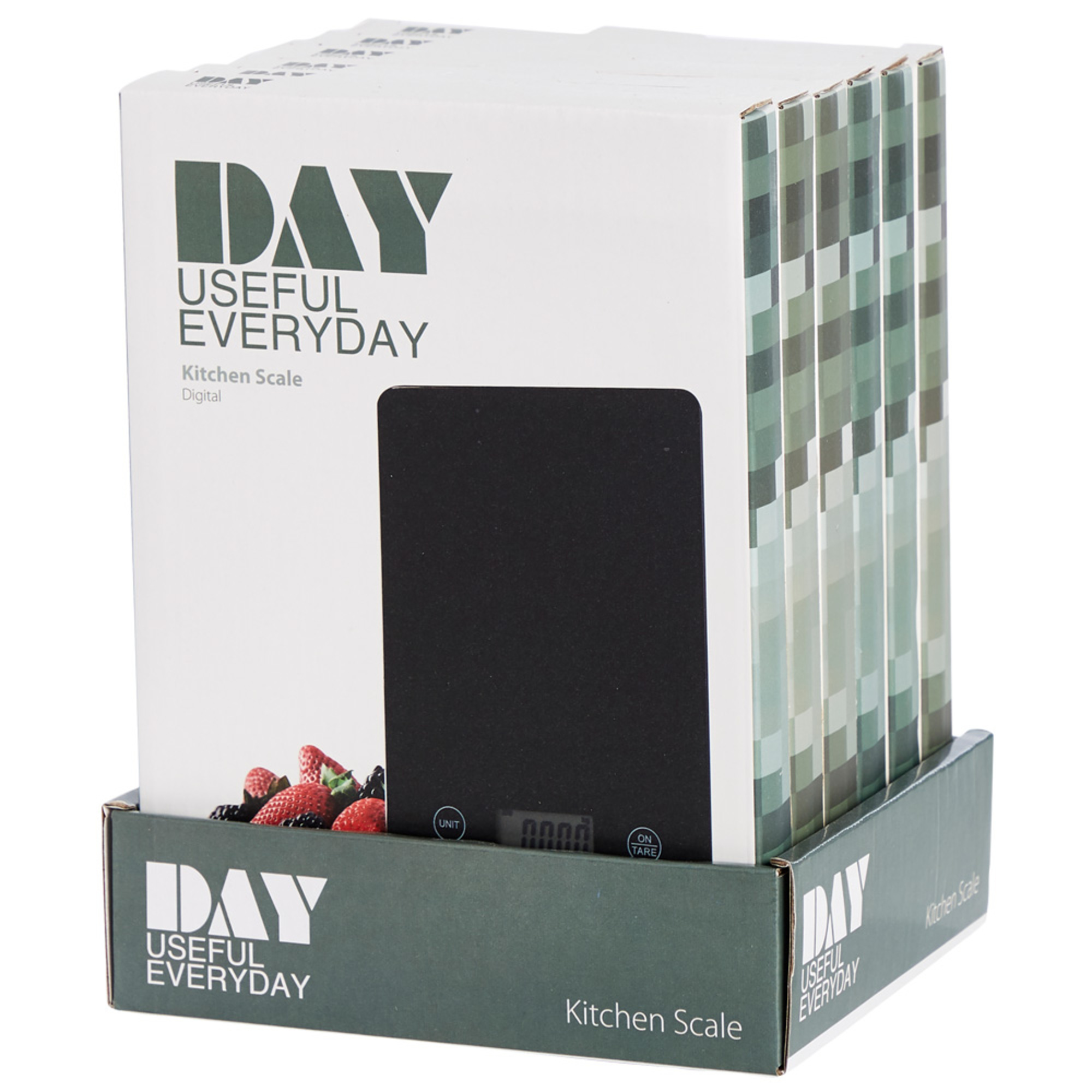 Una caja de básculas de cocina digitales con fresas y otras frutas. La caja tiene la marca DAY USEFUL EVERYDAY.