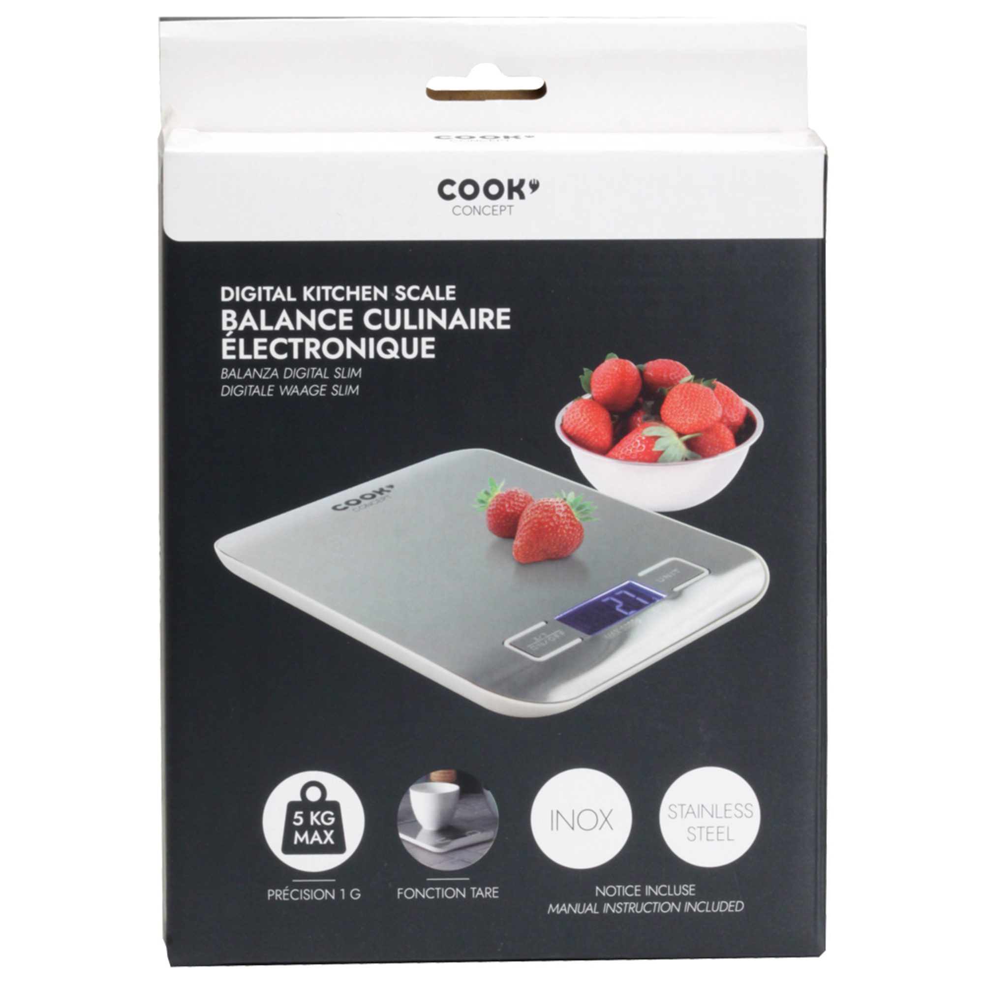Caja con balanza digital de cocina, fresas y etiquetas de texto. Paquete de producto con detalles.