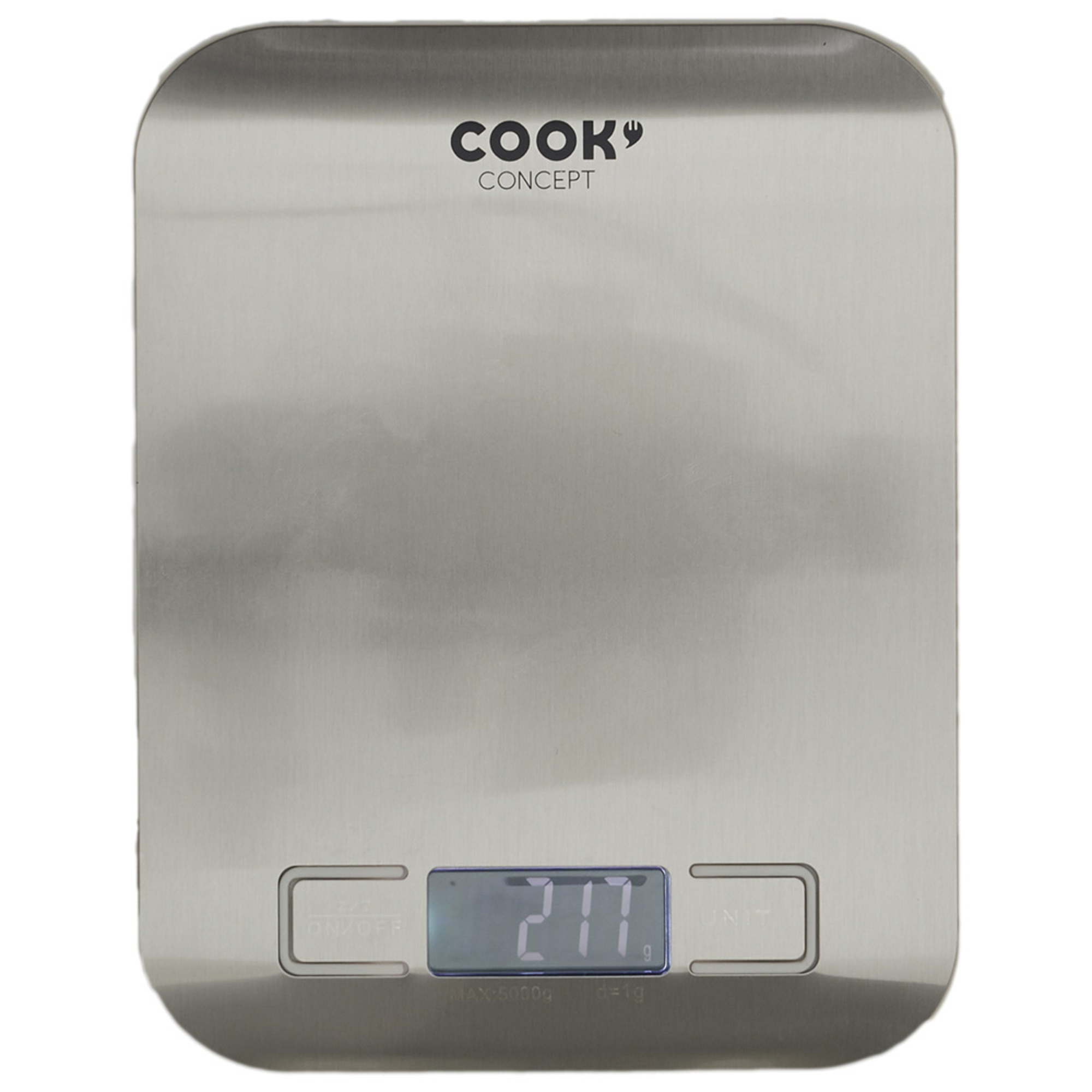 Balanza digital de cocina plateada con pantalla que muestra '217'.