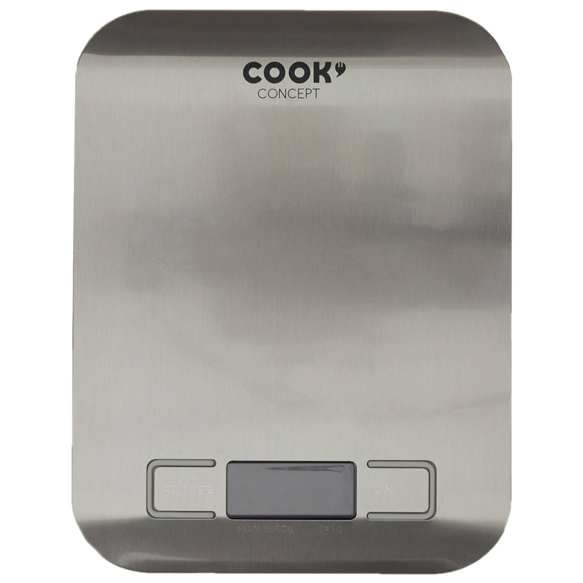 Báscula de cocina digital plateada con pantalla negra y botones táctiles.