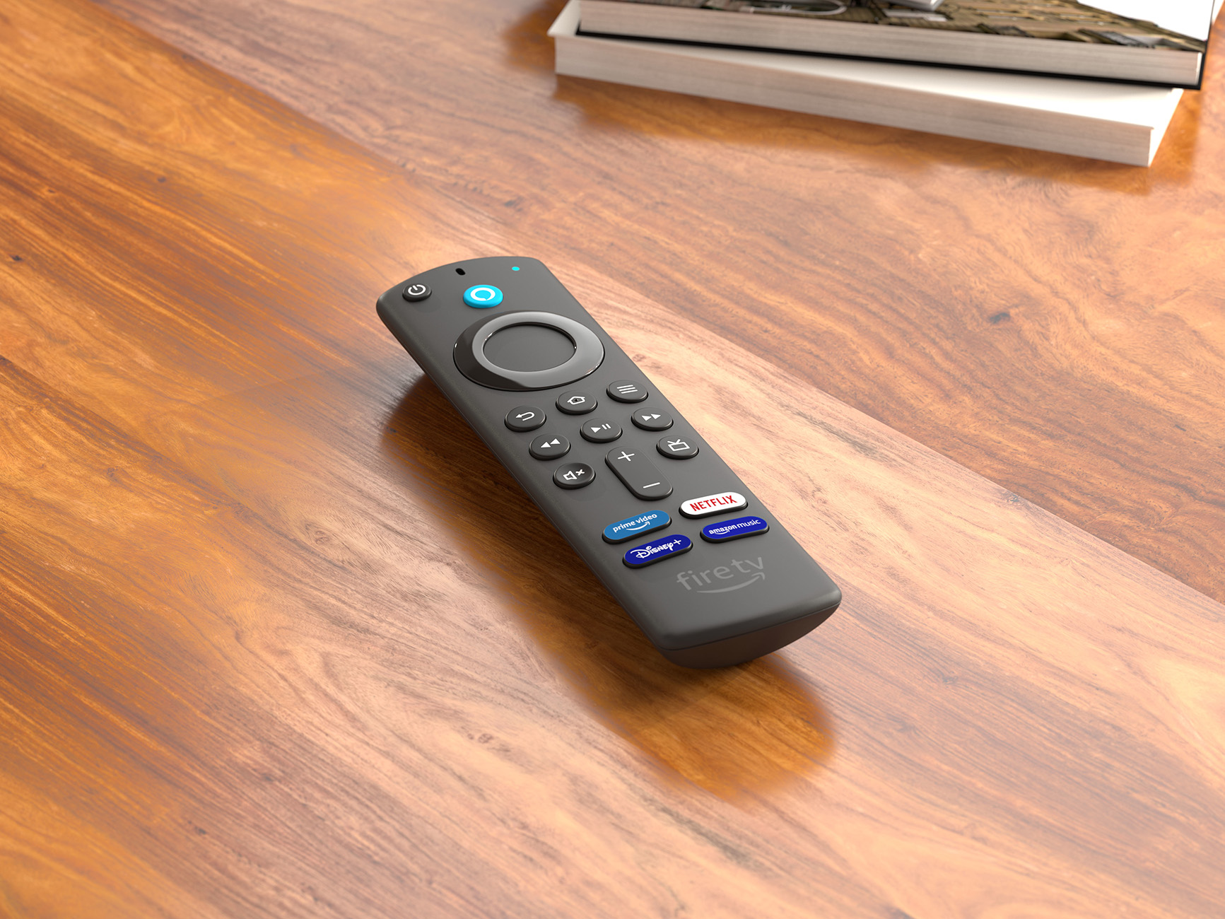 Nahaufnahme einer schwarzen Fernbedienung mit Tasten und Streaming-Icons.