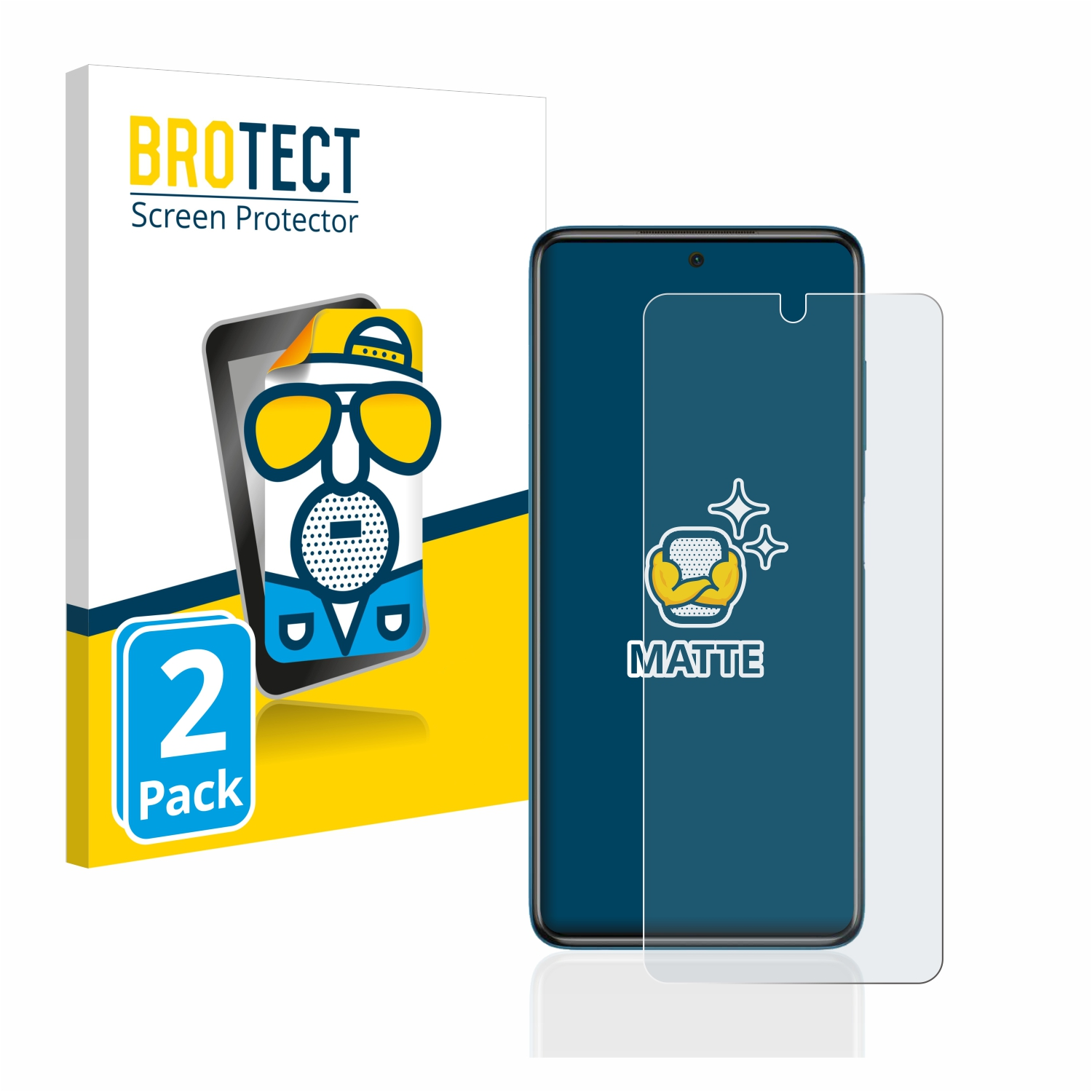 Telefon und Displayschutzverpackung. Die Verpackung zeigt einen Cartoon und das Wort matt. Das Telefon ist sichtbar.