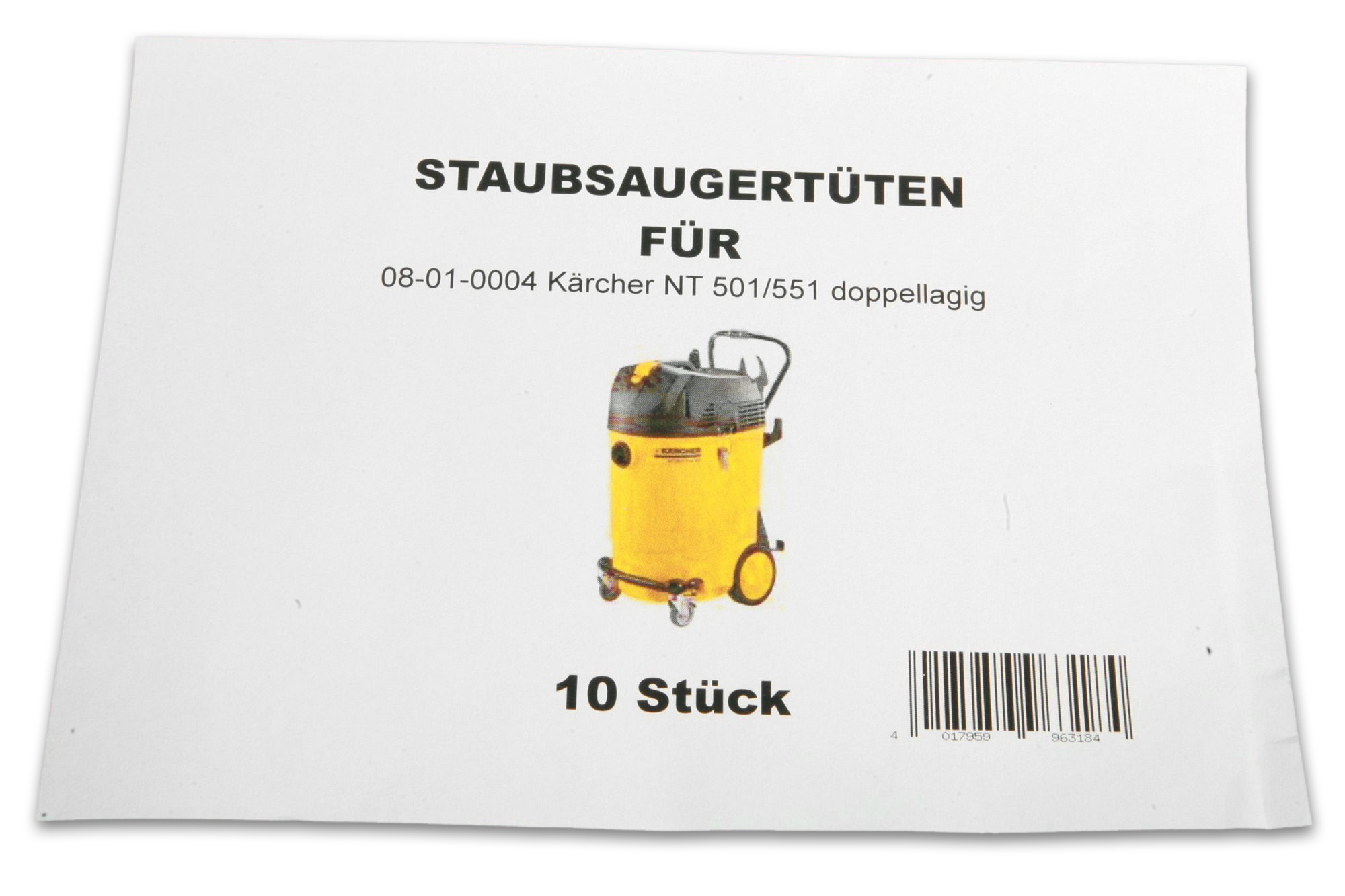 Papier mit Text: STAUBSAUGERTÜTEN FÜR, mit Staubsaugerzeichnung und Barcode.