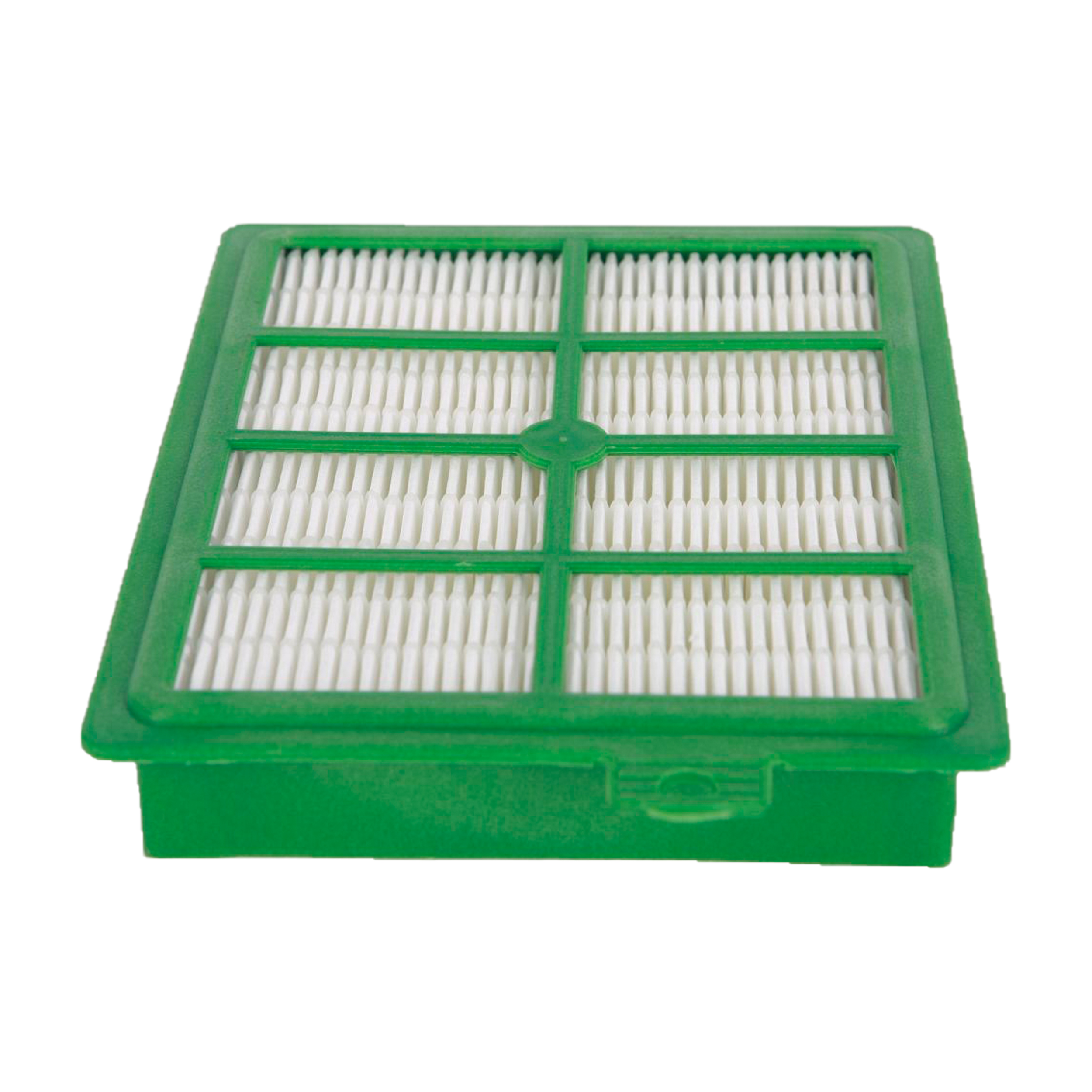 Grüner Luftfilter mit weißem Filtermaterial in einem grünen Rahmen. Isoliert auf weißem Hintergrund.