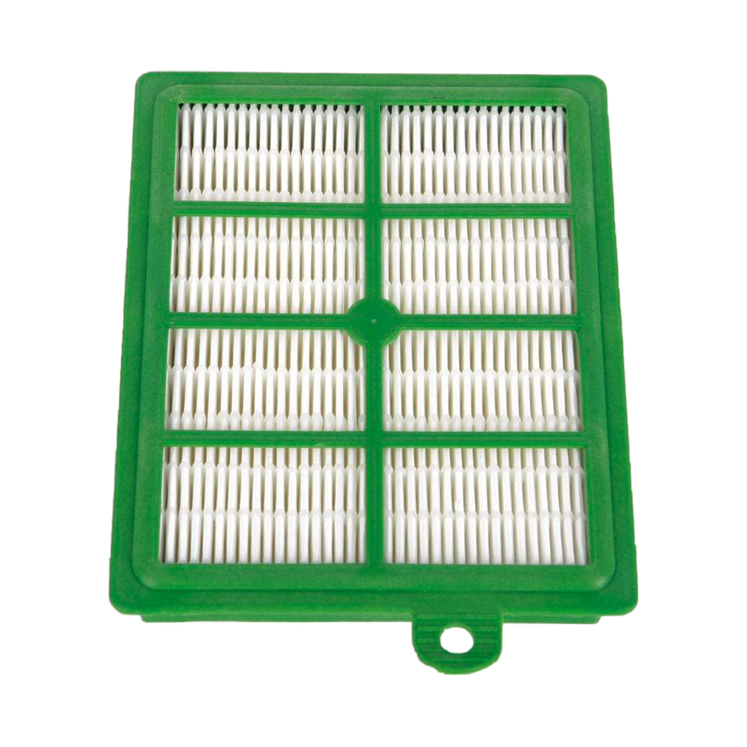 Ein grüner Luftfilter mit einem weißen Filtergitter in einem grünen Rahmen.
