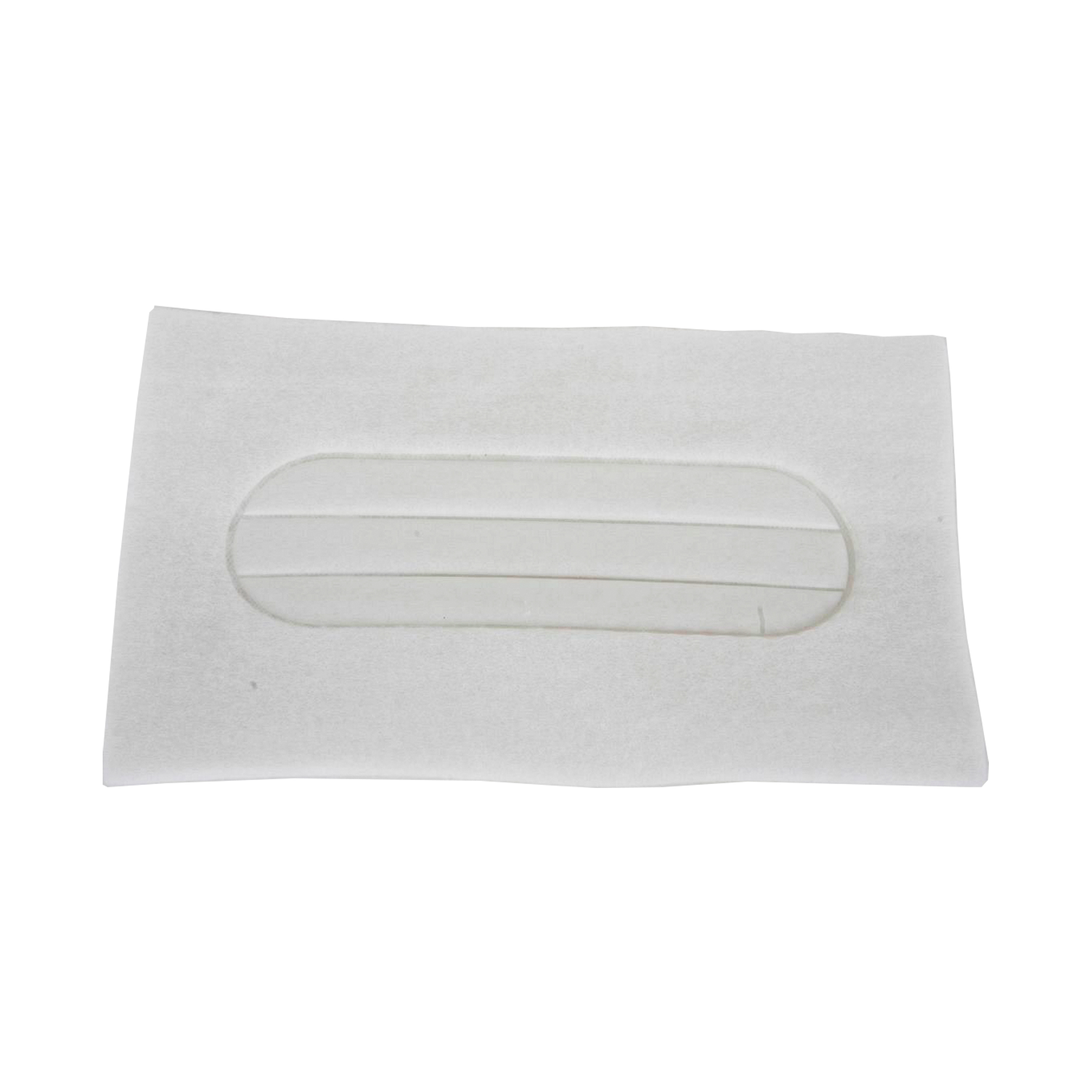 Weißer, rechteckiger Filter mit ovaler Mittelform. Es scheint aus einem weichen Material zu bestehen.