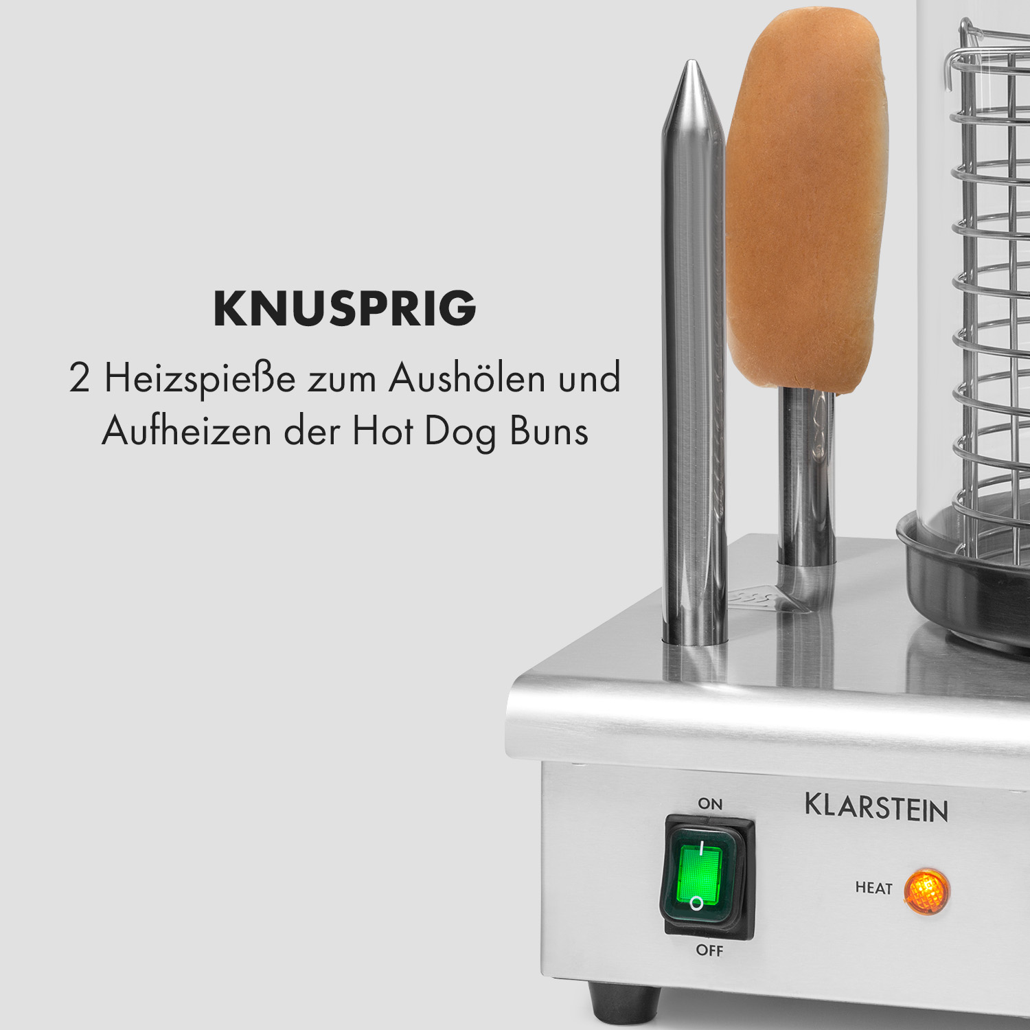 Hot-Dog-Brötchen-Heizmaschine, die ein Brötchen und Heizspitzen mit Text zeigt.