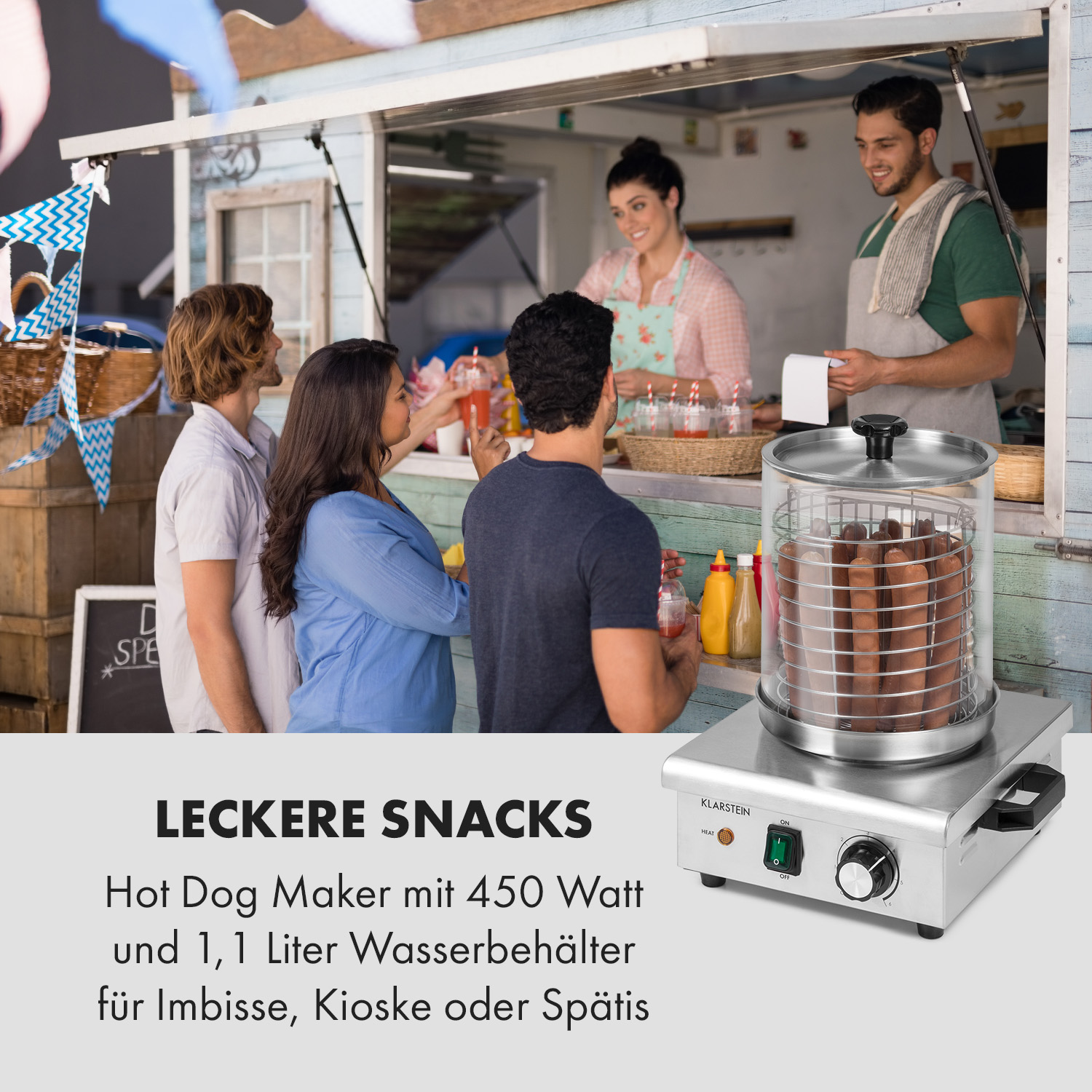 Ein Hotdog-Maker an einem Imbissstand mit wartenden Leuten.