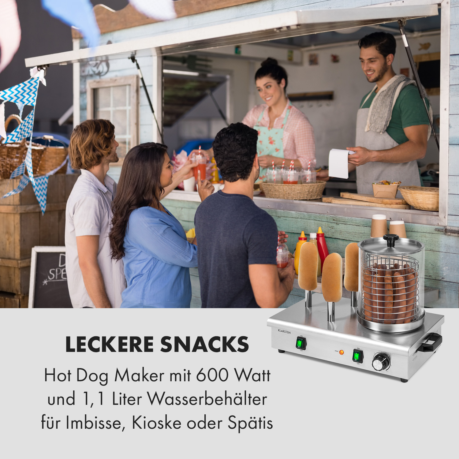 Ein Imbissstand mit Leuten und Hotdogs.