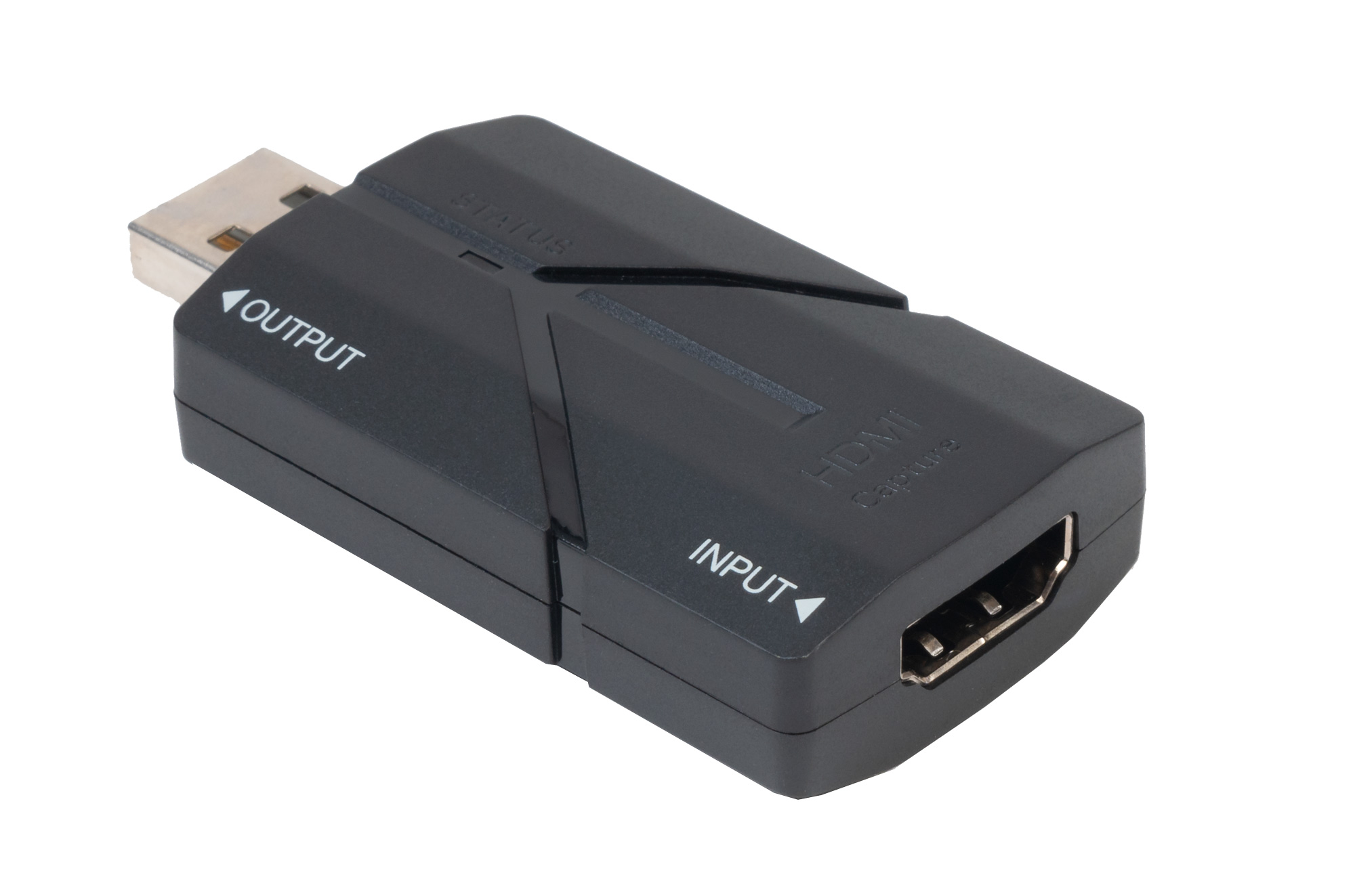 Dispositivo de captura HDMI negro. Tiene puertos de entrada y salida, es rectangular con conector USB.