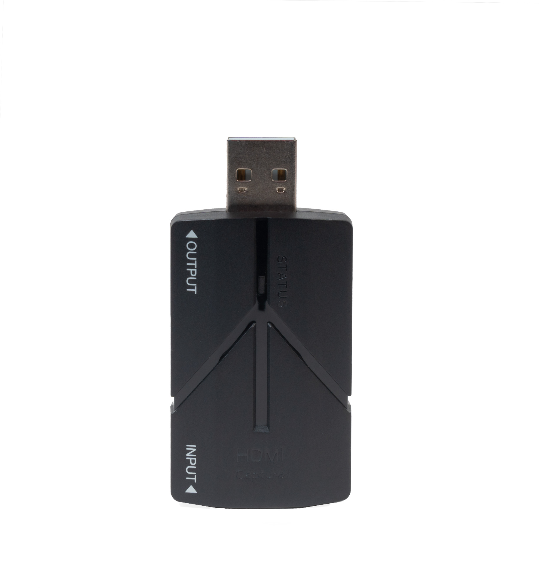 Adaptador HDMI negro con conector USB, etiquetado 'INPUT' y 'OUTPUT', fondo blanco.