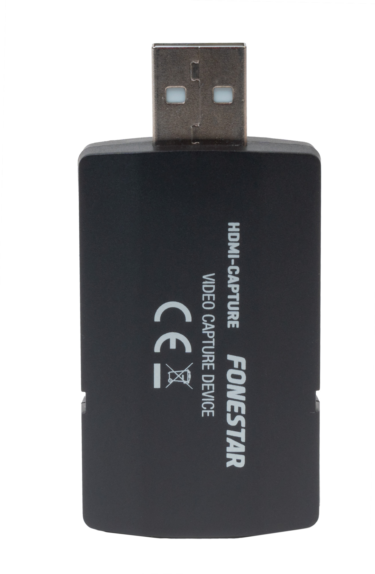 Dispositivo de captura de vídeo HDMI negro con conector USB y fondo blanco.