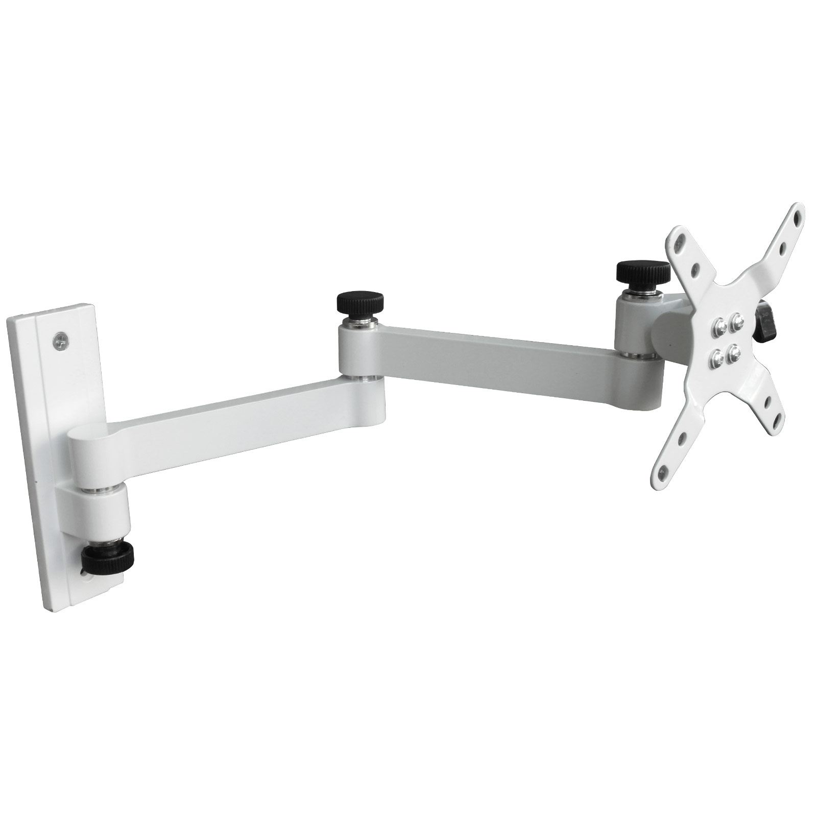 Weißer, verstellbarer Monitorarm an einer weißen Wand montiert. Es ist ein Metallarm.