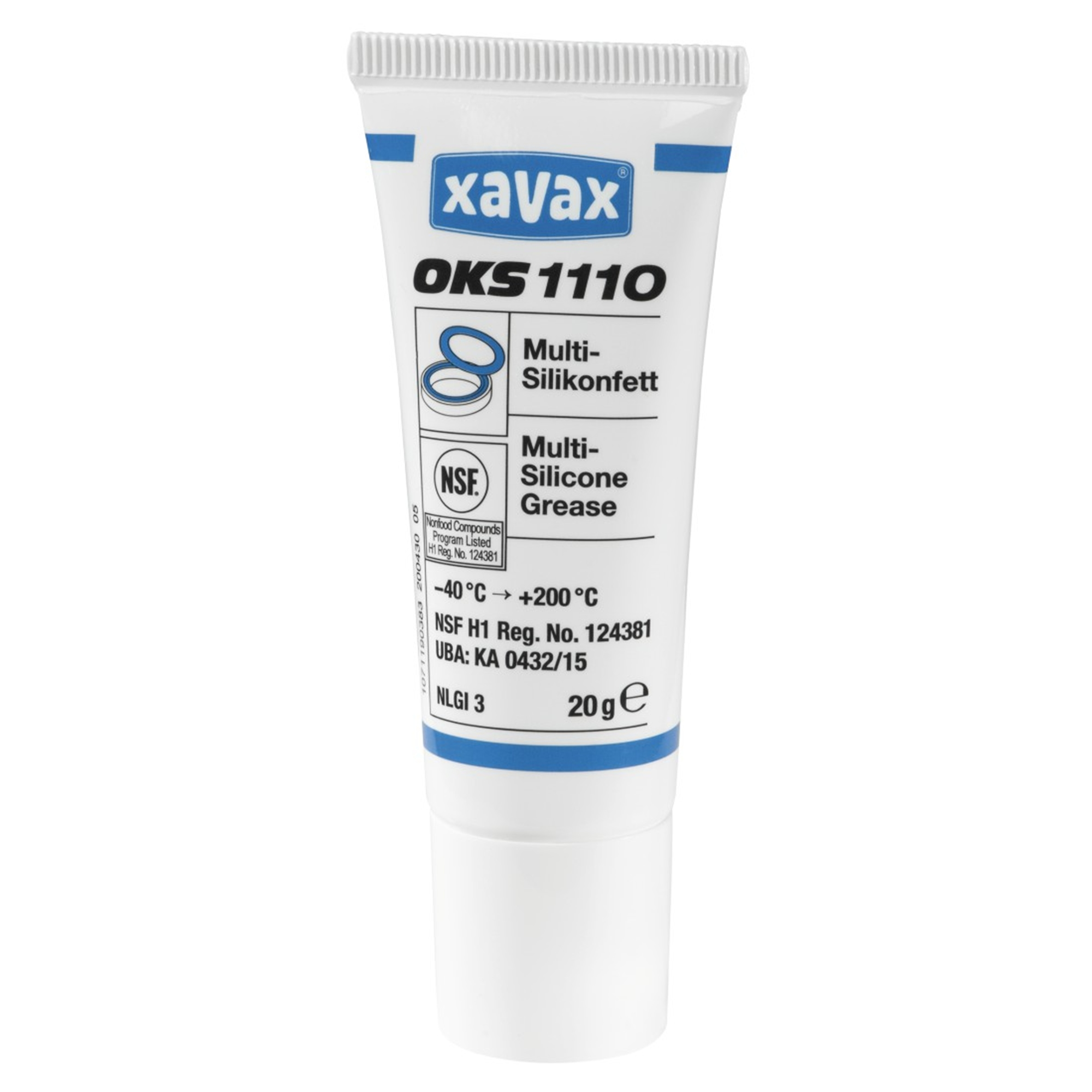 Eine Tube mit weißem Silikonfett, beschriftet mit 'xavax OKS 1110' und weiteren Produktinformationen.
