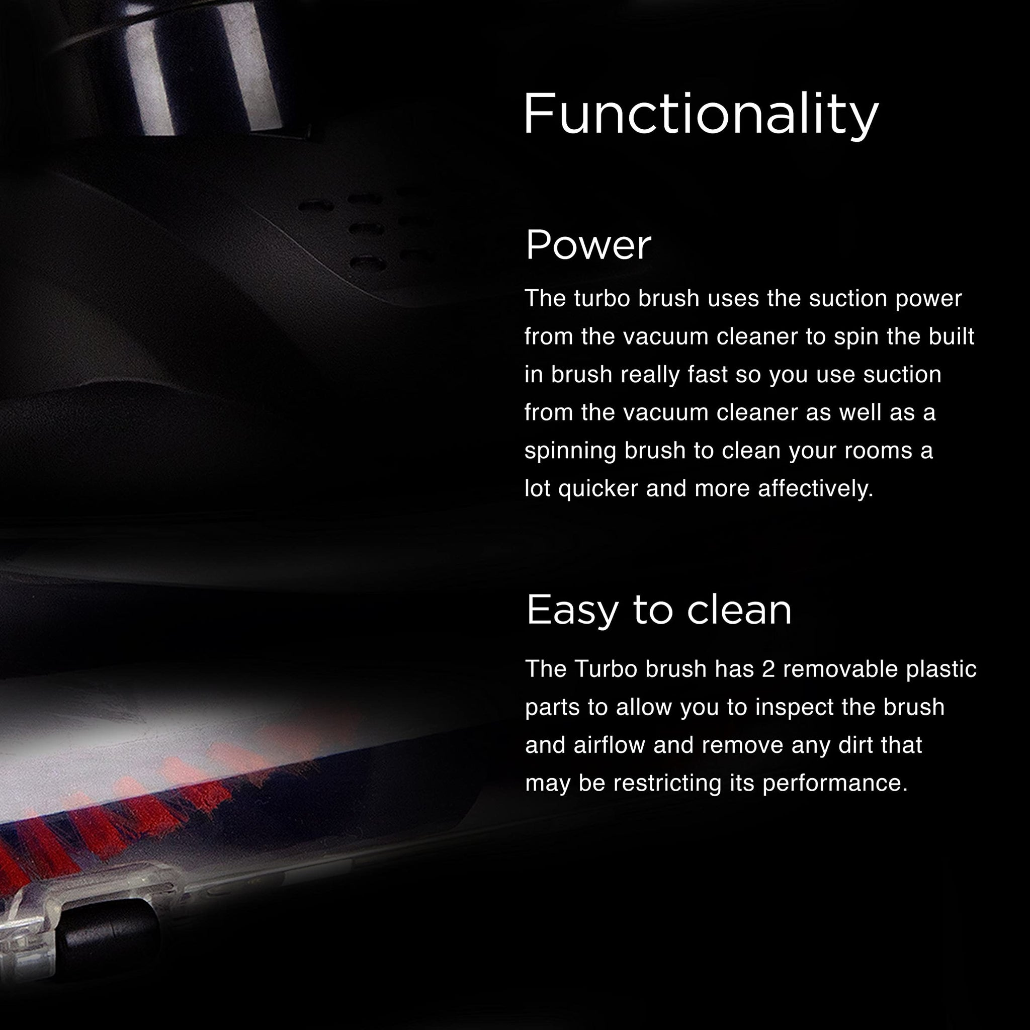 Texto que describe la potencia y limpieza de un cepillo turbo.