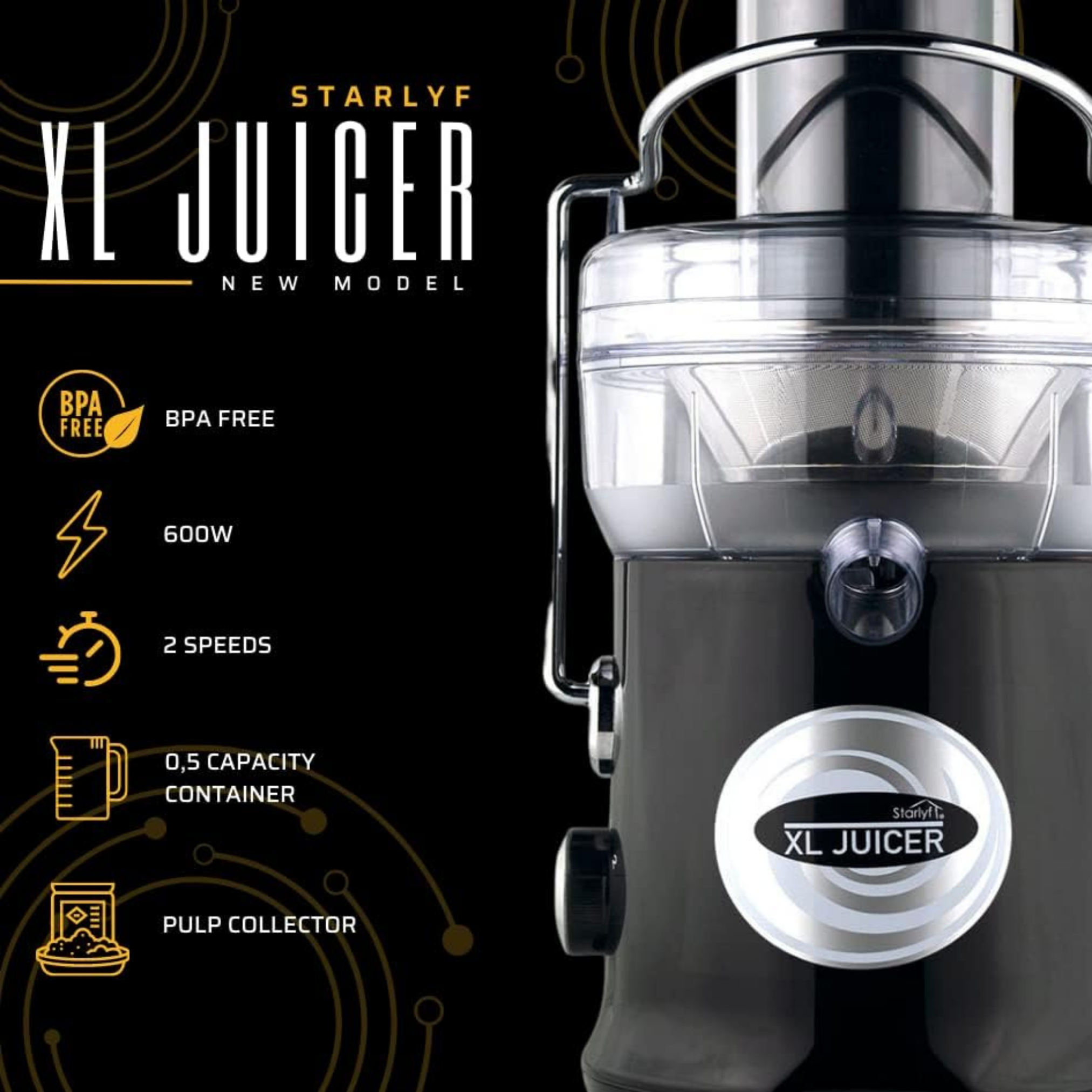 Un extracteur de jus avec texte et icônes. Il dit XL JUICER, BPA FREE, 600W, 2 vitesses.