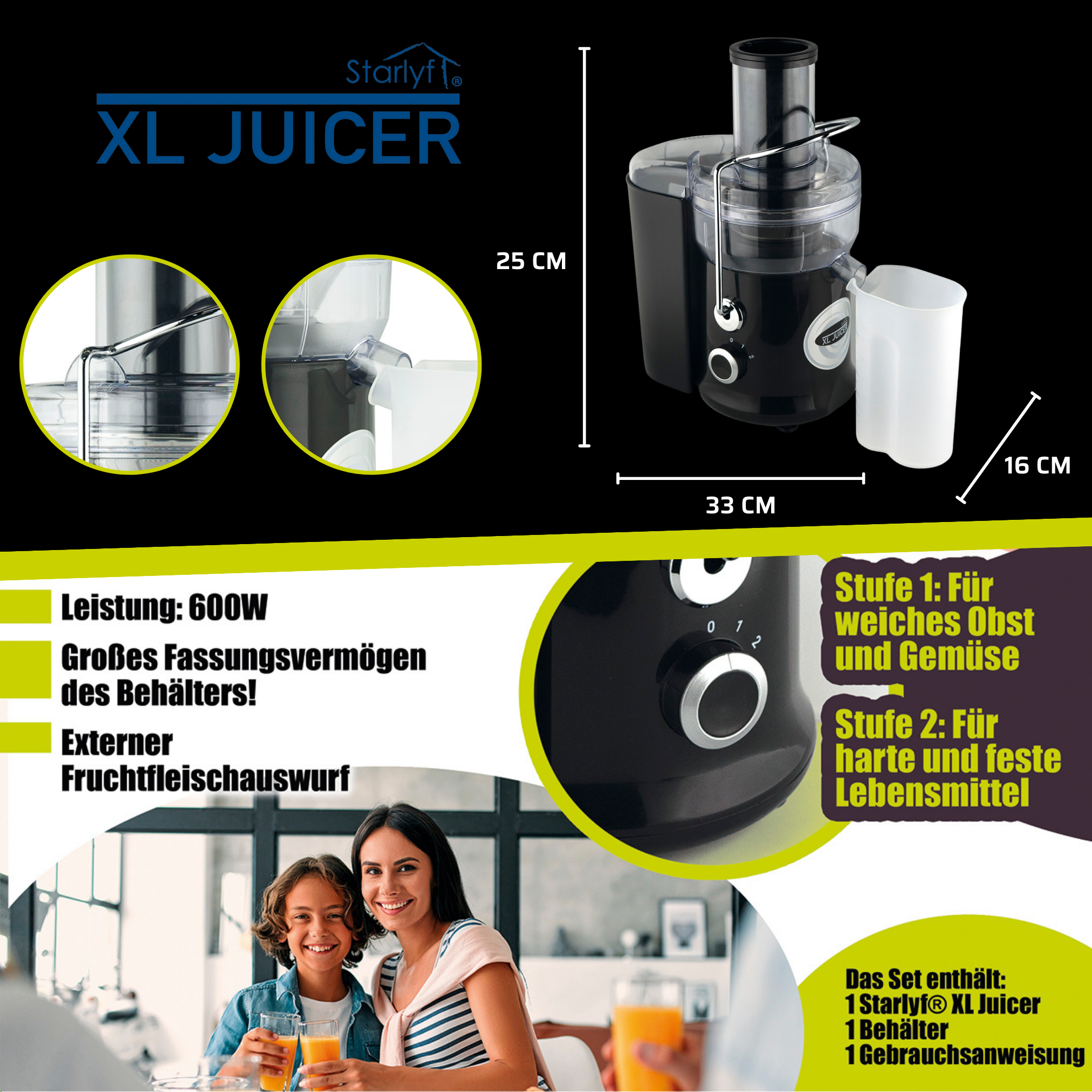 Extracteur de jus avec texte et images. Femme et garçon avec verres de jus. Dimensions.