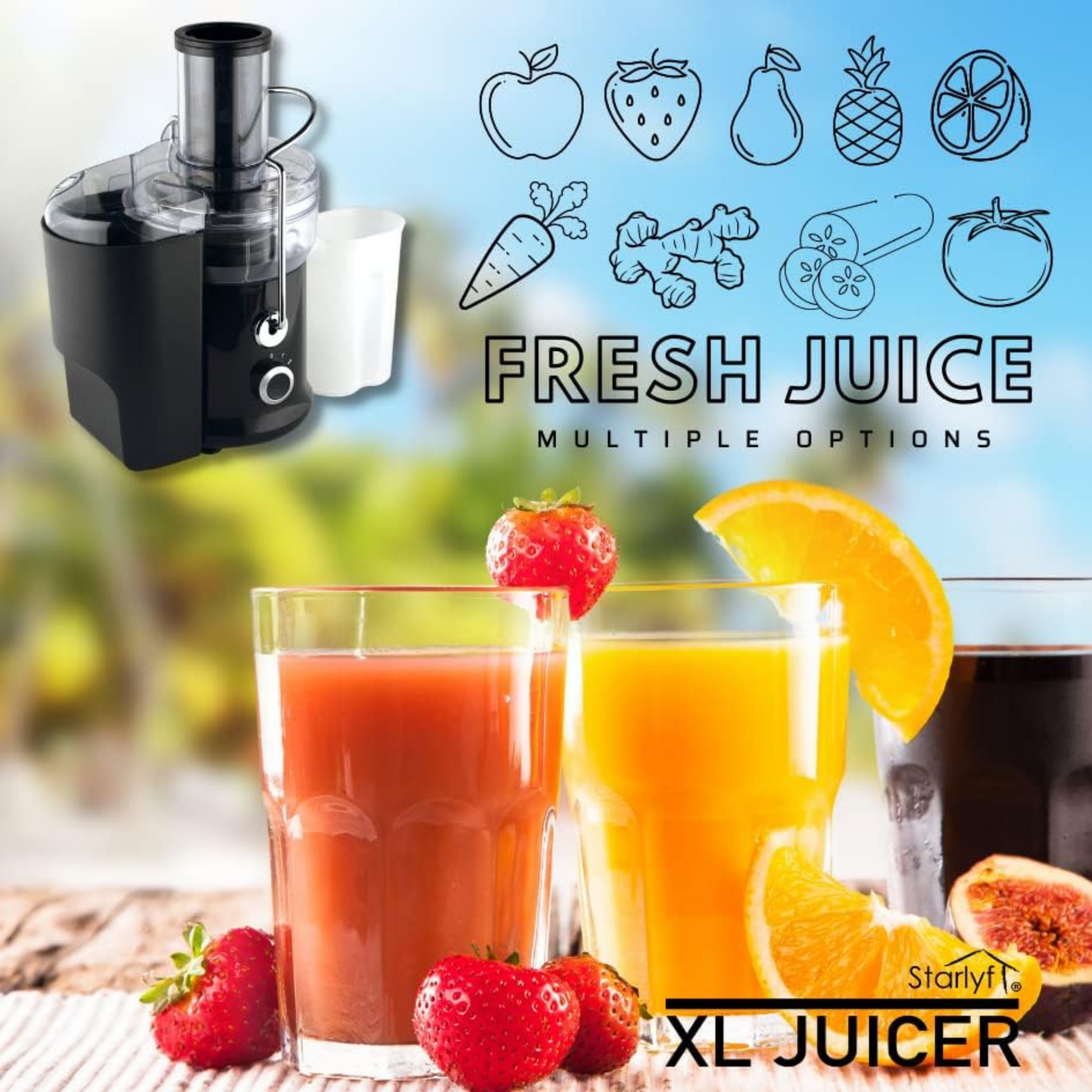 Estrattore di succo con bicchieri di succo fresco, illustrazioni di frutta e persona con fragola.