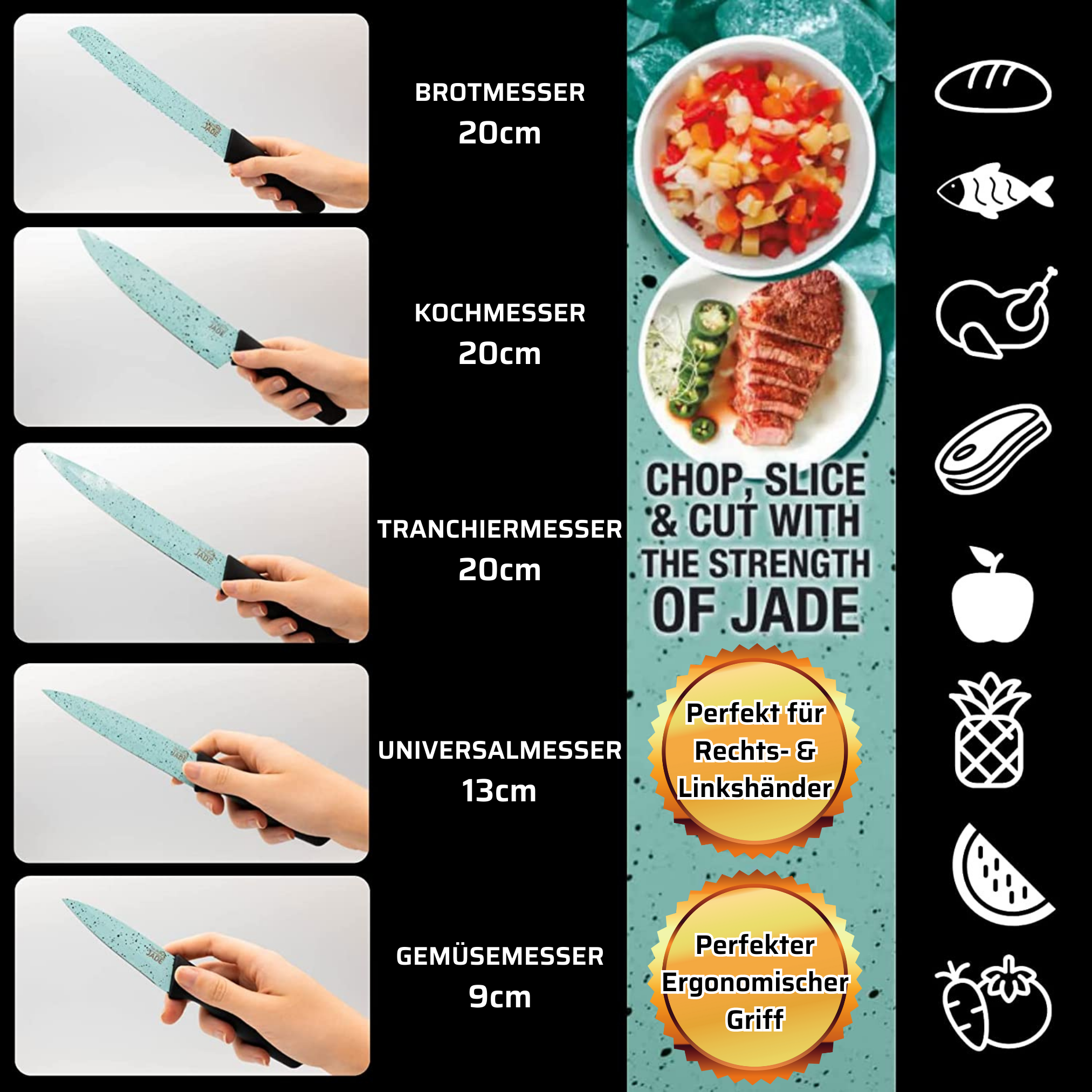 Messersatz mit verschiedenen Klingen, Illustrationen und Text zum Schneiden verschiedener Lebensmittel.