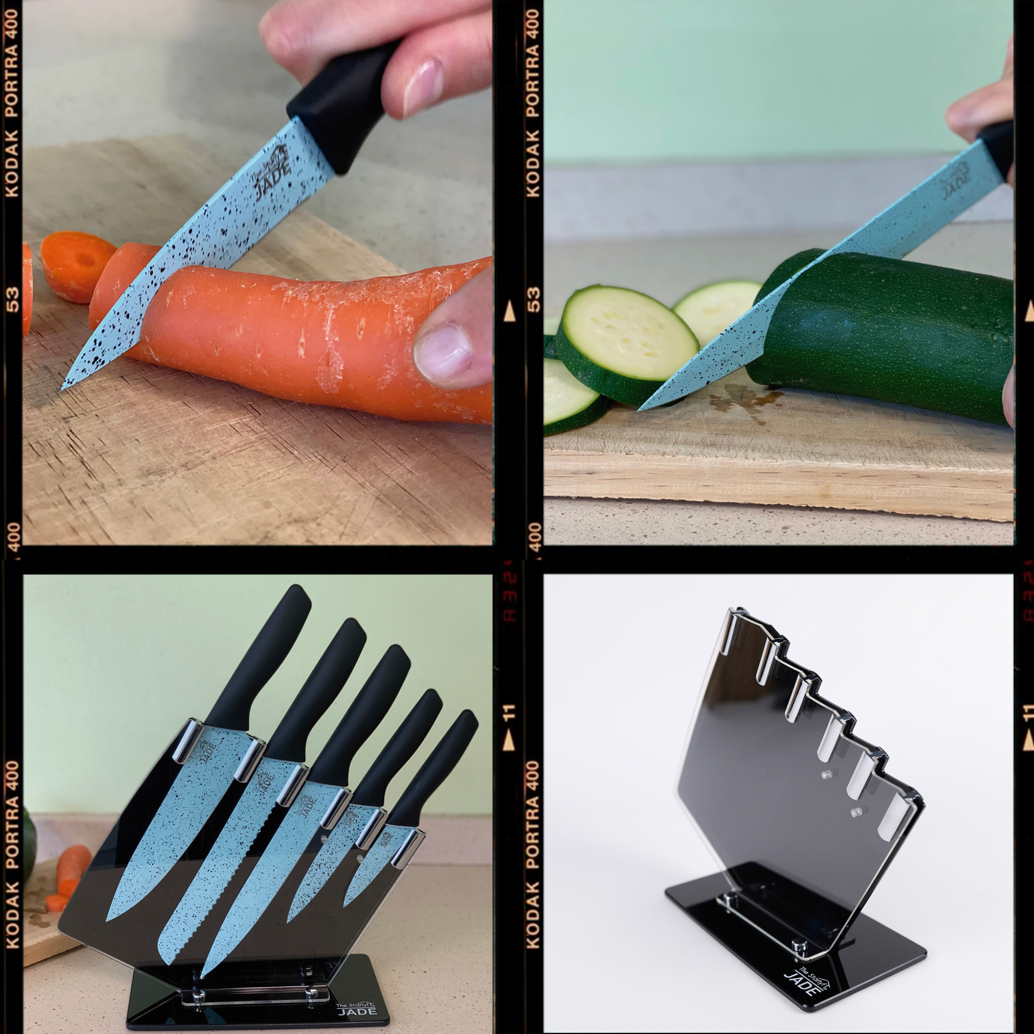 Messer schneiden Gemüse. Messersatz und Messerblock.