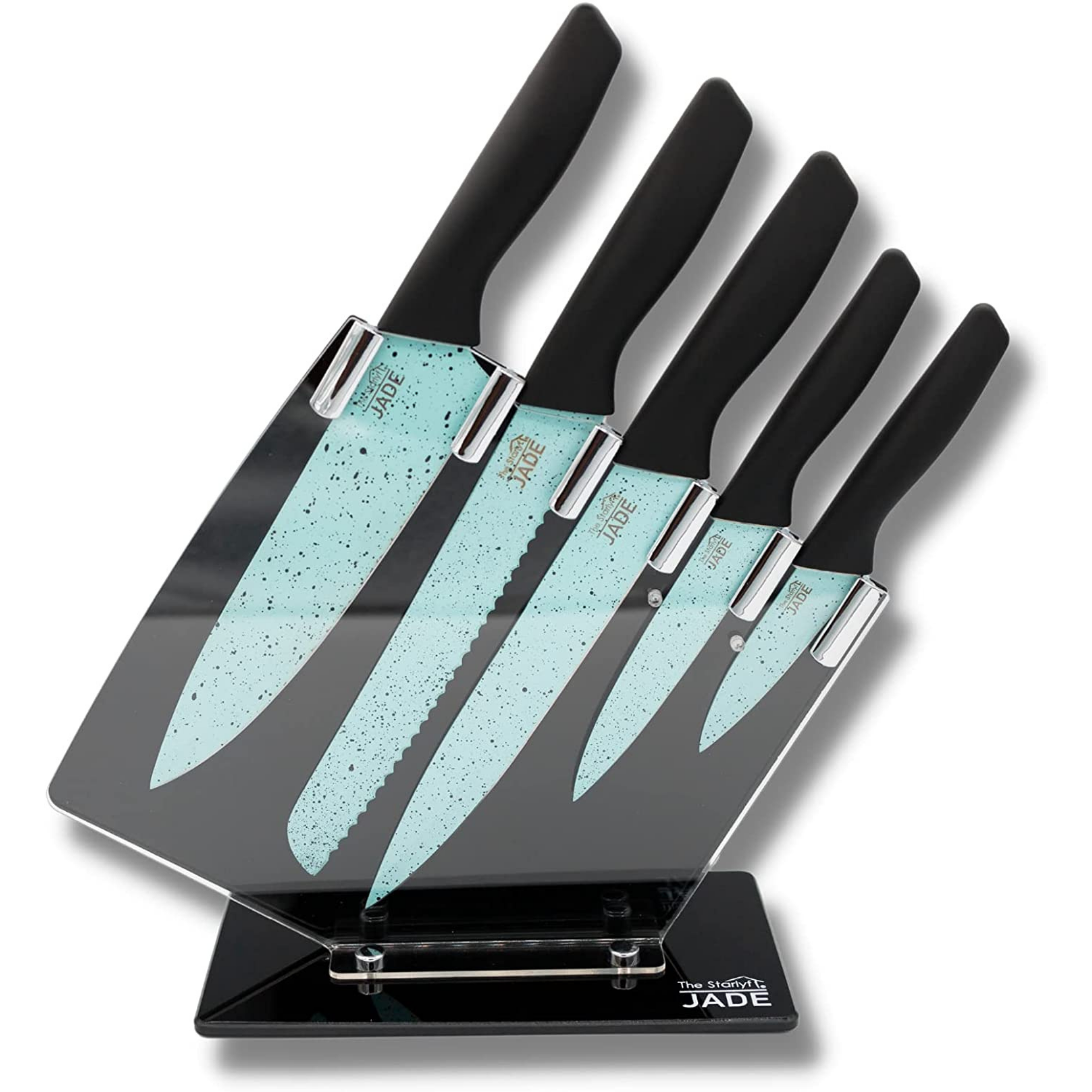 Set von Küchenmessern auf einer transparenten Halterung. Die Messer haben schwarze Griffe und blaugrüne Klingen.
